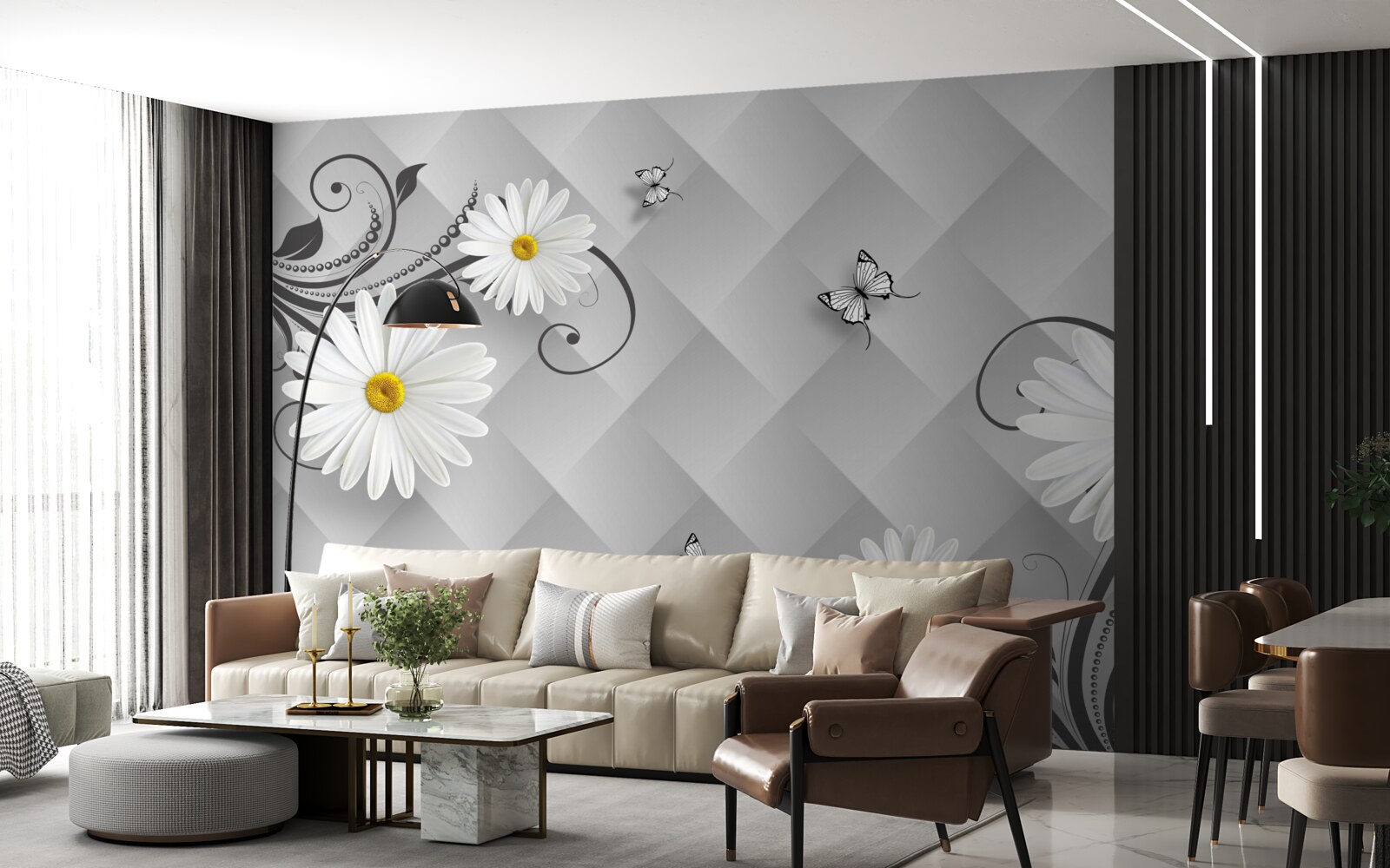 Fototapeta abstrakcyjne tło ozdobione białymi stokrotkami i motylami