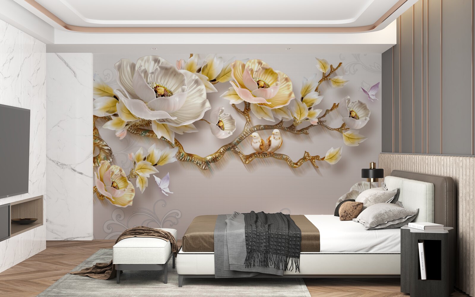 Fototapeta biżuteria i złoto w kształcie gałązek magnolii