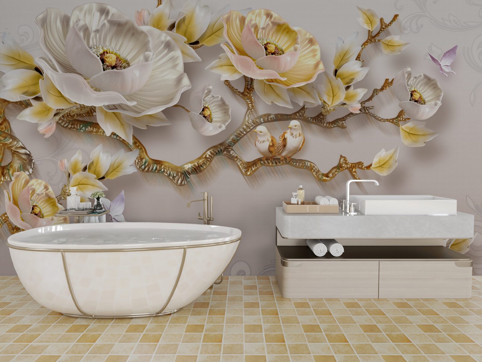 Fototapeta biżuteria i złoto w kształcie gałązek magnolii