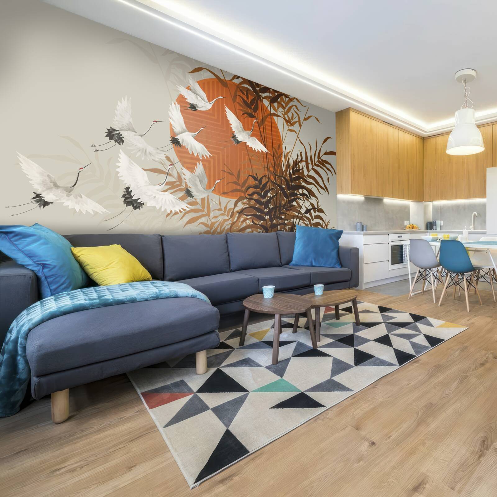 Fototapeta zachodowi słońca towarzyszy kolorowy lot żurawi