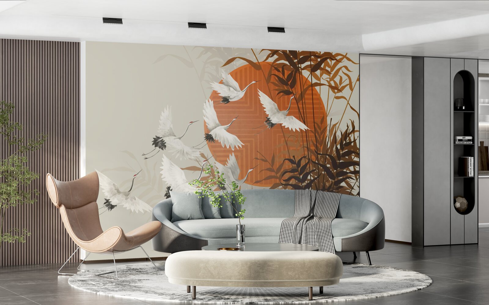 Fototapeta zachodowi słońca towarzyszy kolorowy lot żurawi