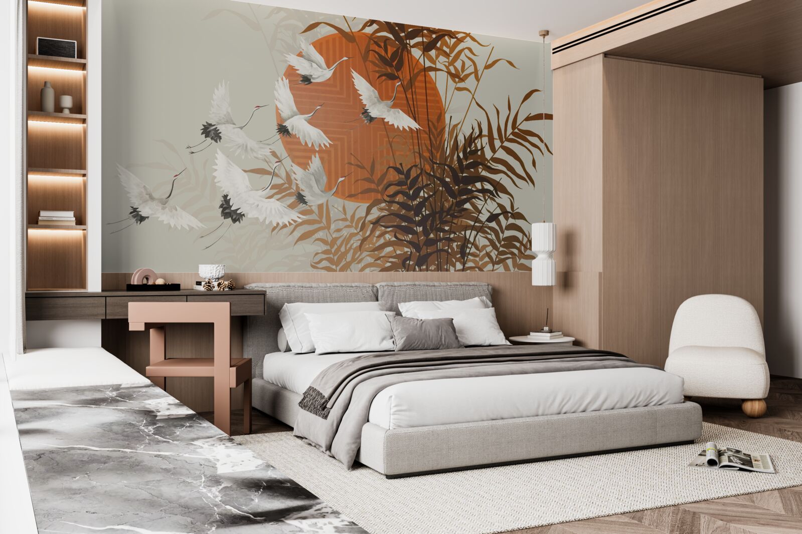 Fototapeta zachodowi słońca towarzyszy kolorowy lot żurawi