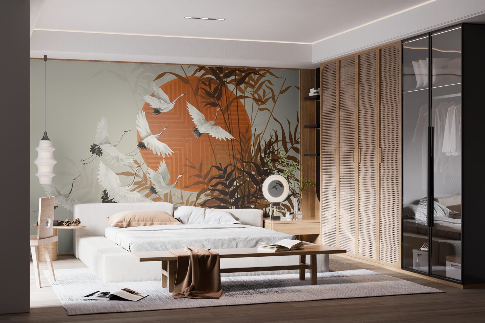 Fototapeta zachodowi słońca towarzyszy kolorowy lot żurawi