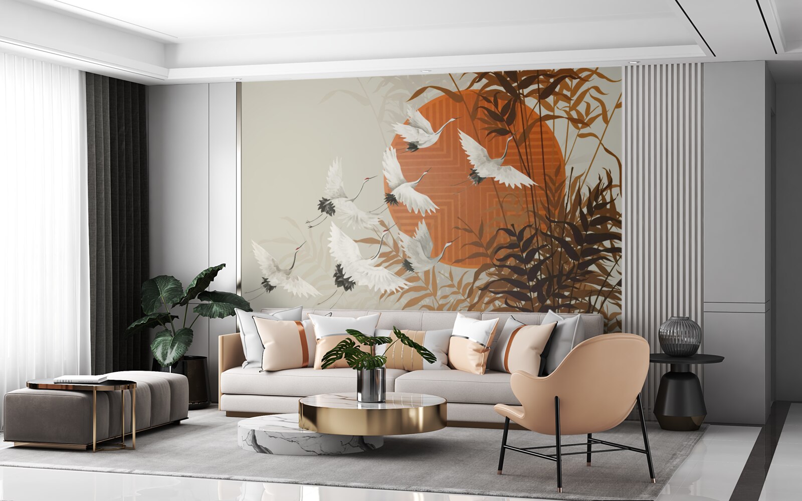 Fototapeta zachodowi słońca towarzyszy kolorowy lot żurawi