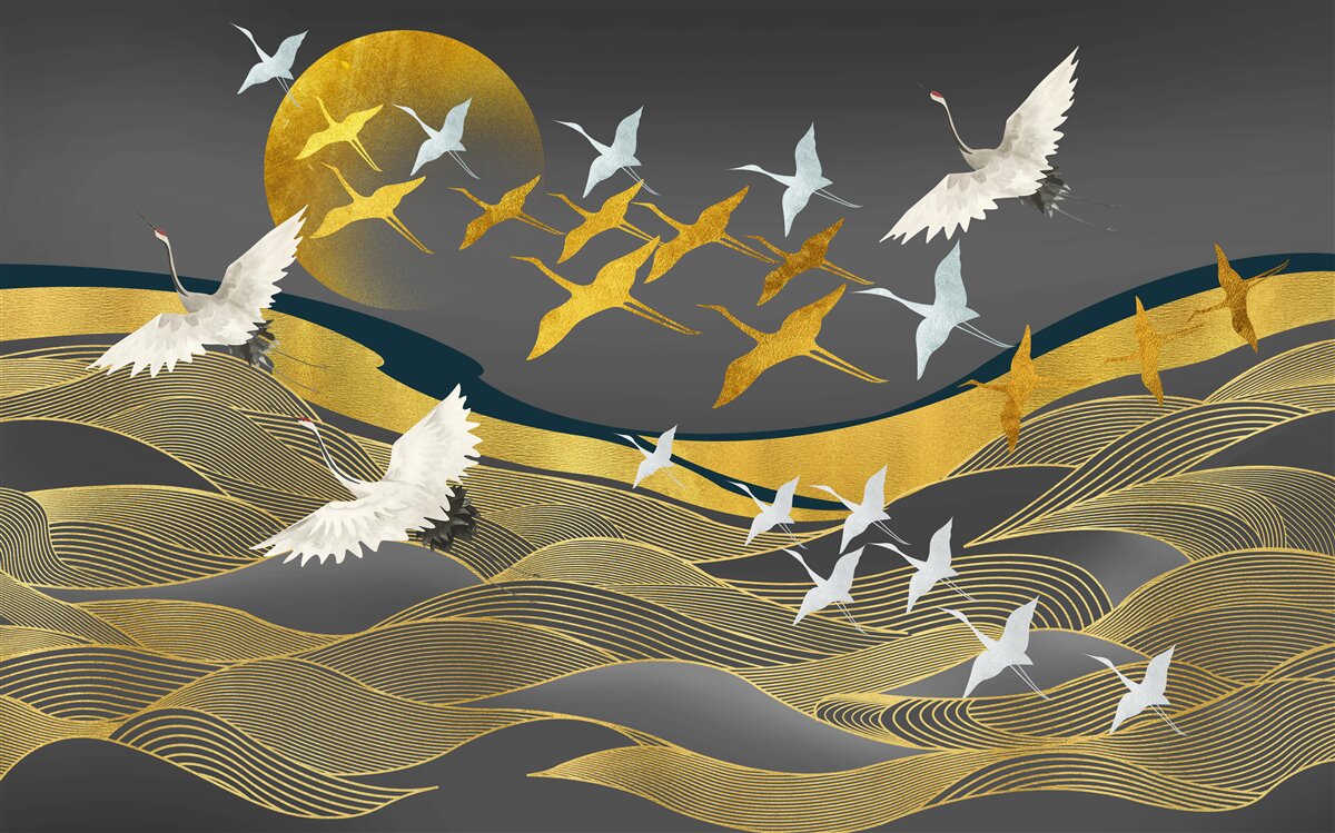 Fototapeta grupa ptaków przemieszcza się w kierunku gasnącego światła dnia nad oszałamiającym obszarem morza