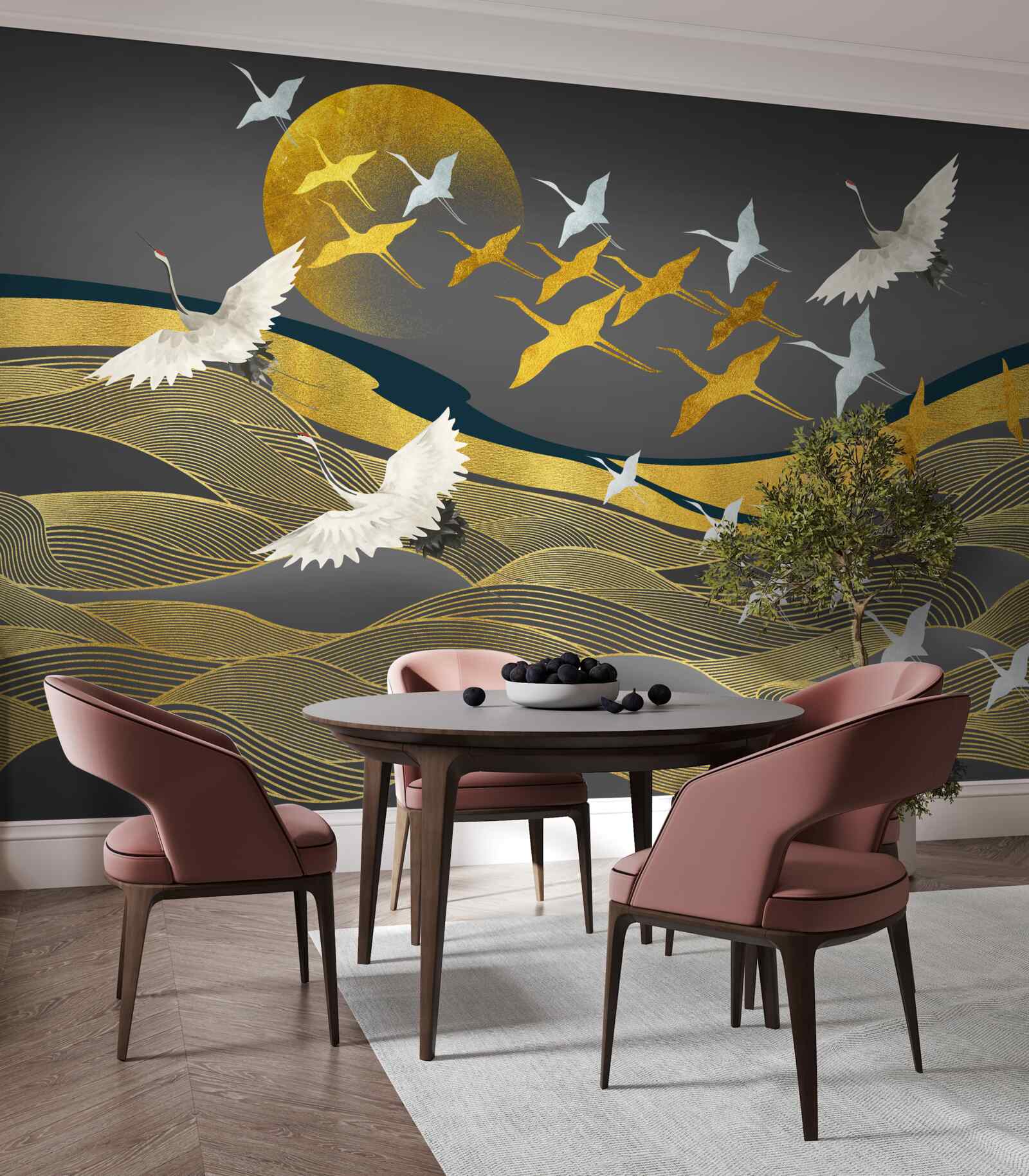 Fototapeta grupa ptaków przemieszcza się w kierunku gasnącego światła dnia nad oszałamiającym obszarem morza