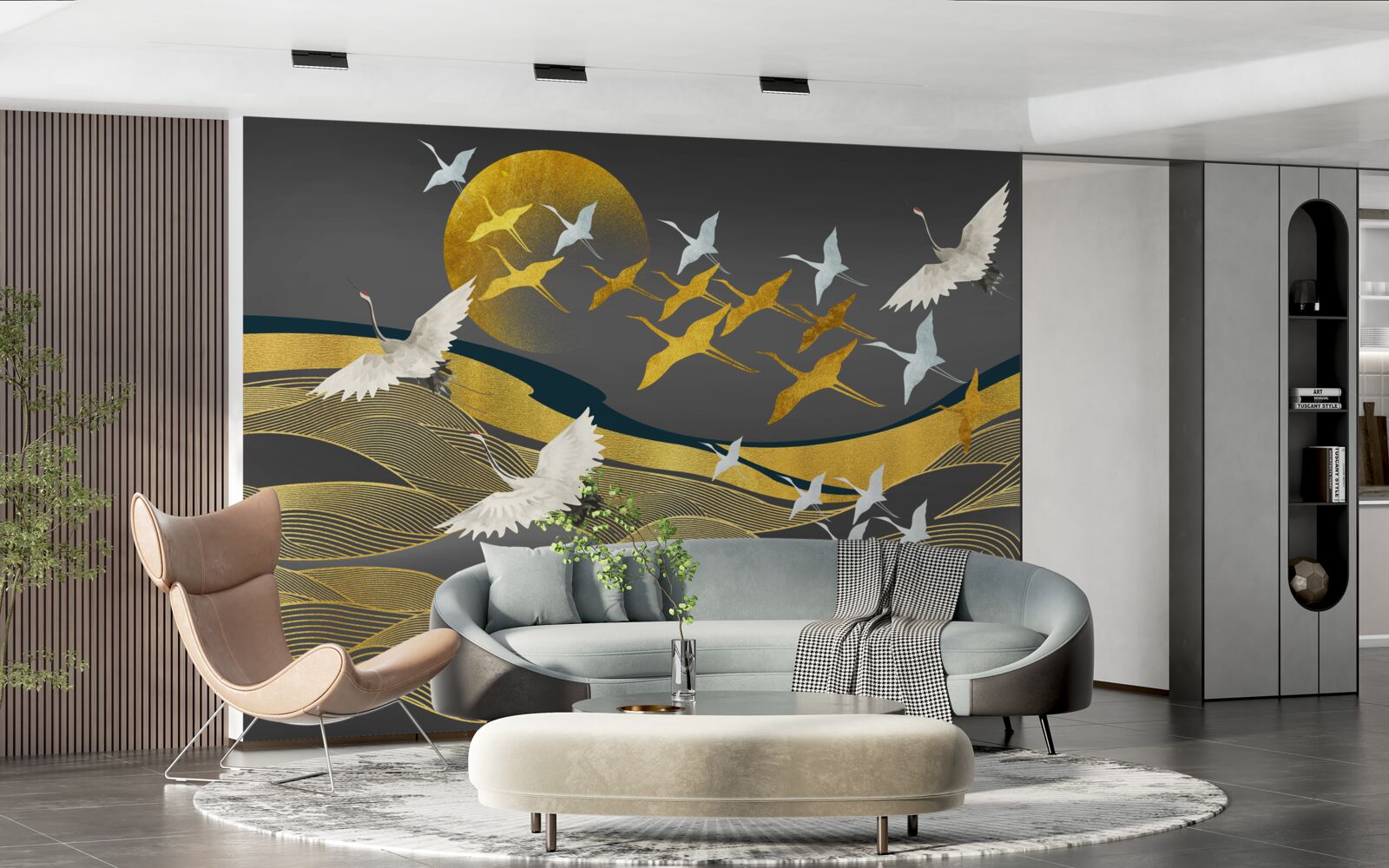 Fototapeta grupa ptaków przemieszcza się w kierunku gasnącego światła dnia nad oszałamiającym obszarem morza