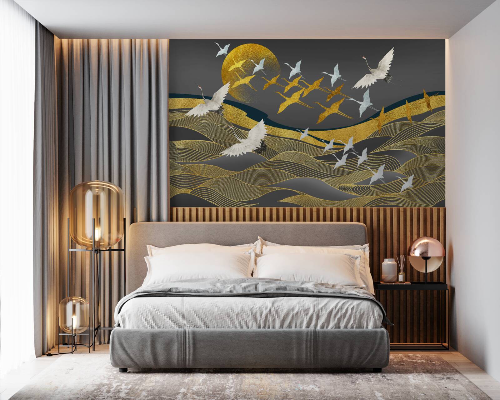 Fototapeta grupa ptaków przemieszcza się w kierunku gasnącego światła dnia nad oszałamiającym obszarem morza