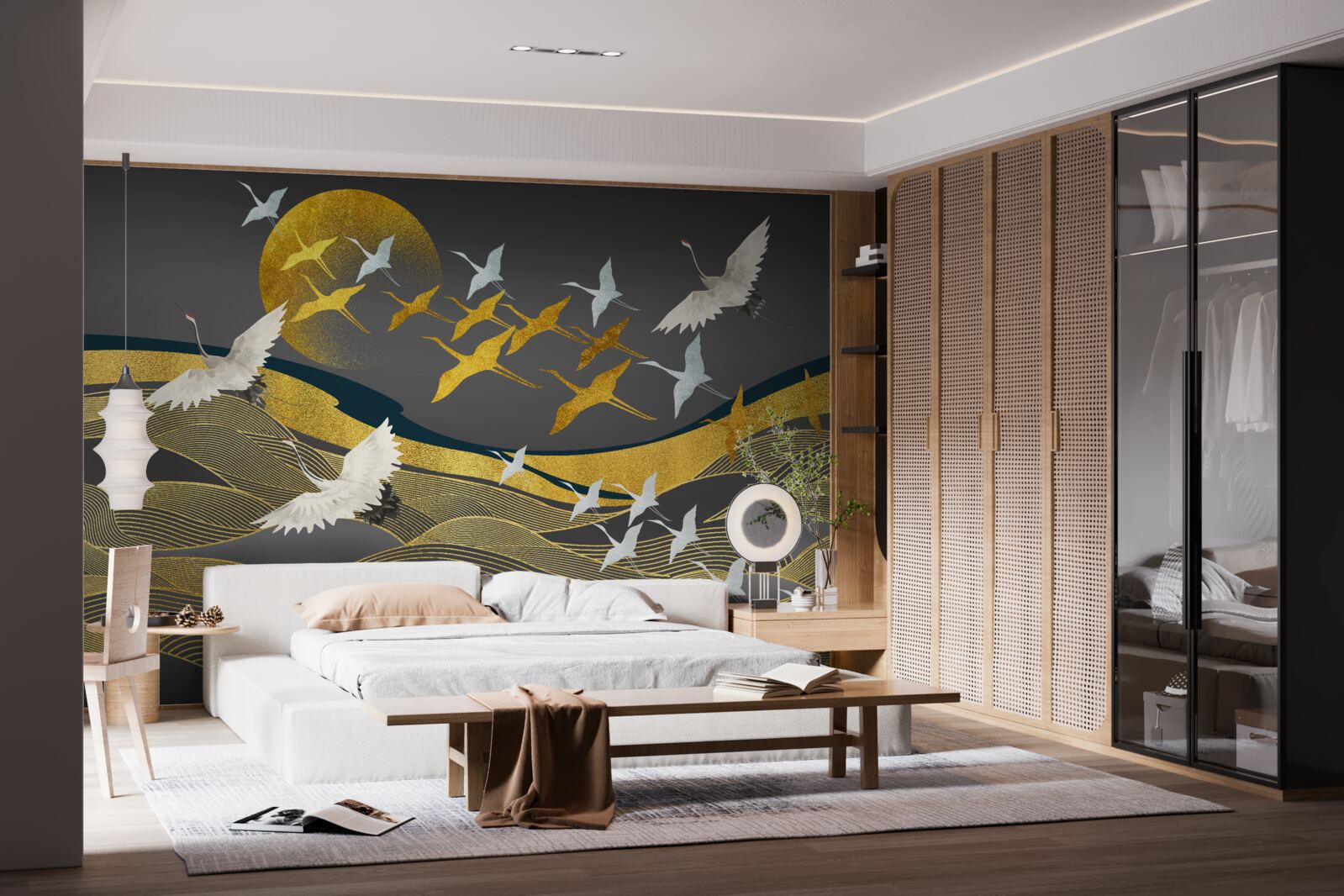 Fototapeta grupa ptaków przemieszcza się w kierunku gasnącego światła dnia nad oszałamiającym obszarem morza