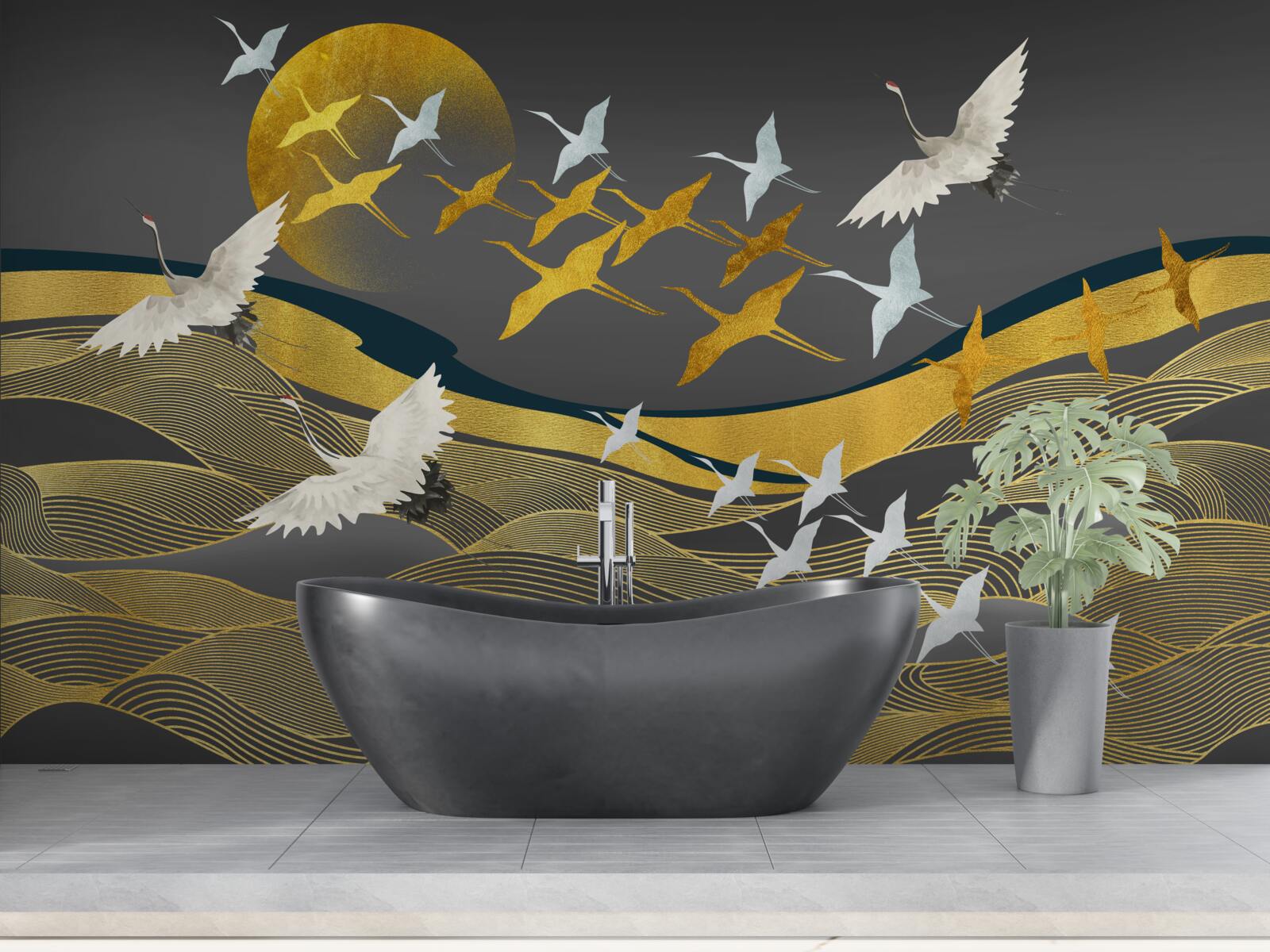 Fototapeta grupa ptaków przemieszcza się w kierunku gasnącego światła dnia nad oszałamiającym obszarem morza