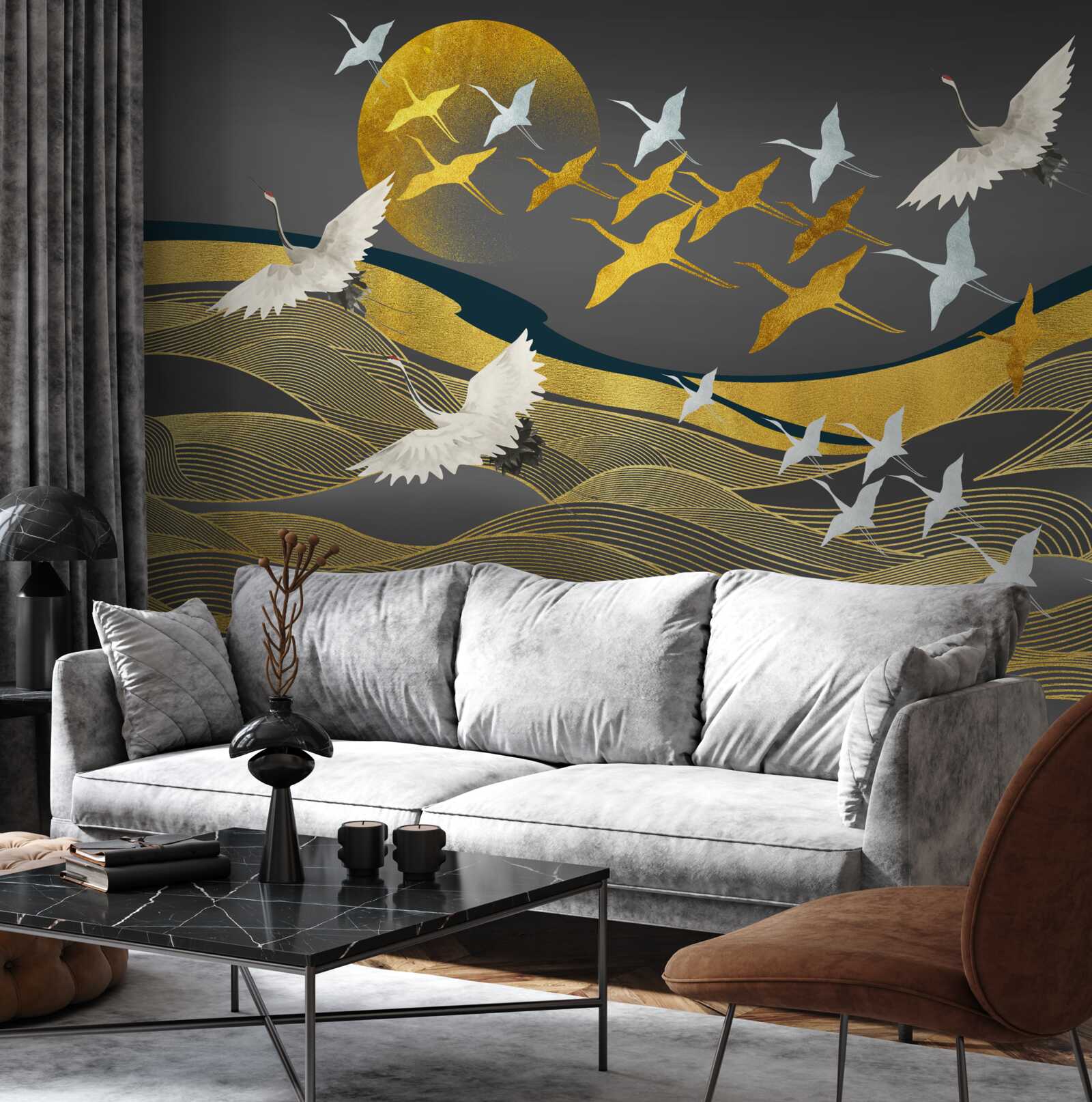 Fototapeta grupa ptaków przemieszcza się w kierunku gasnącego światła dnia nad oszałamiającym obszarem morza