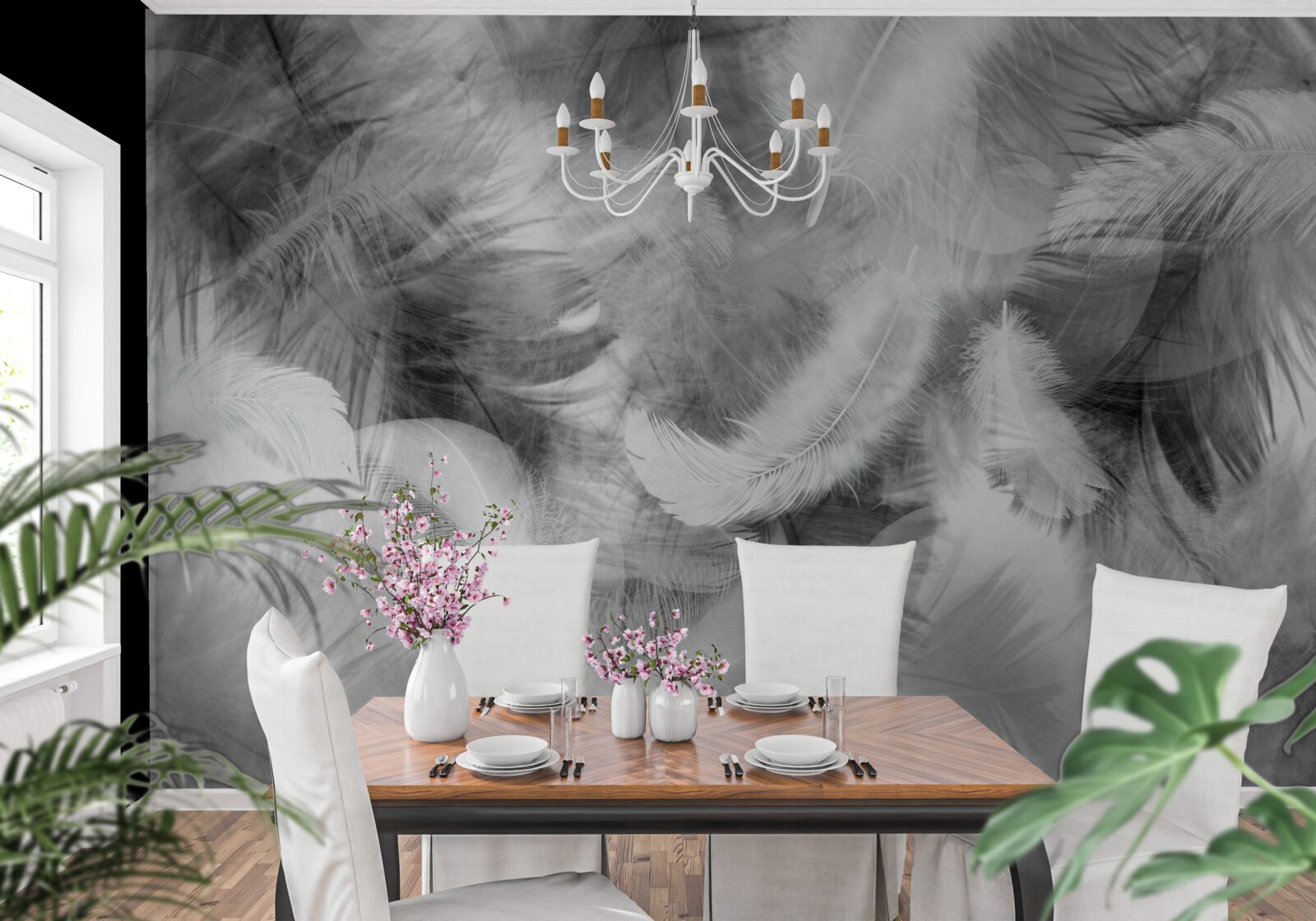 Fototapeta w powietrzu unoszą się czarno-białe pióra