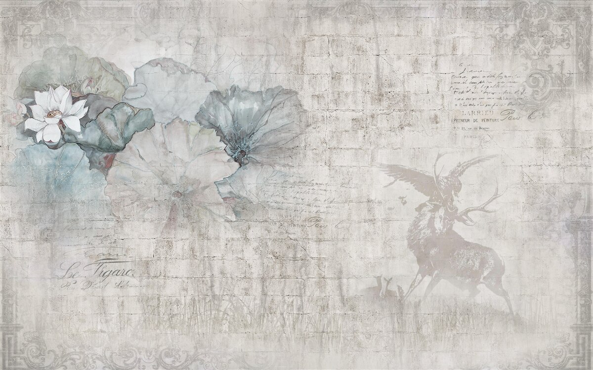 Fototapeta akwarela przedstawiająca jelenia i niebieskie kwiaty