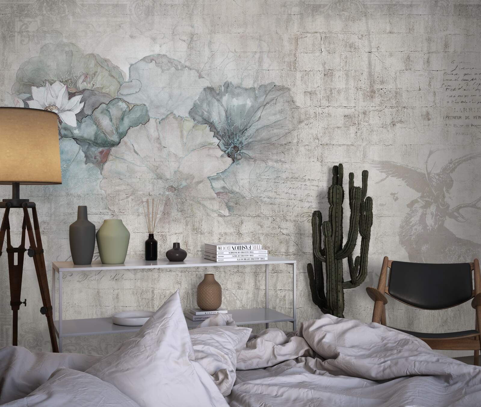 Fototapeta akwarela przedstawiająca jelenia i niebieskie kwiaty