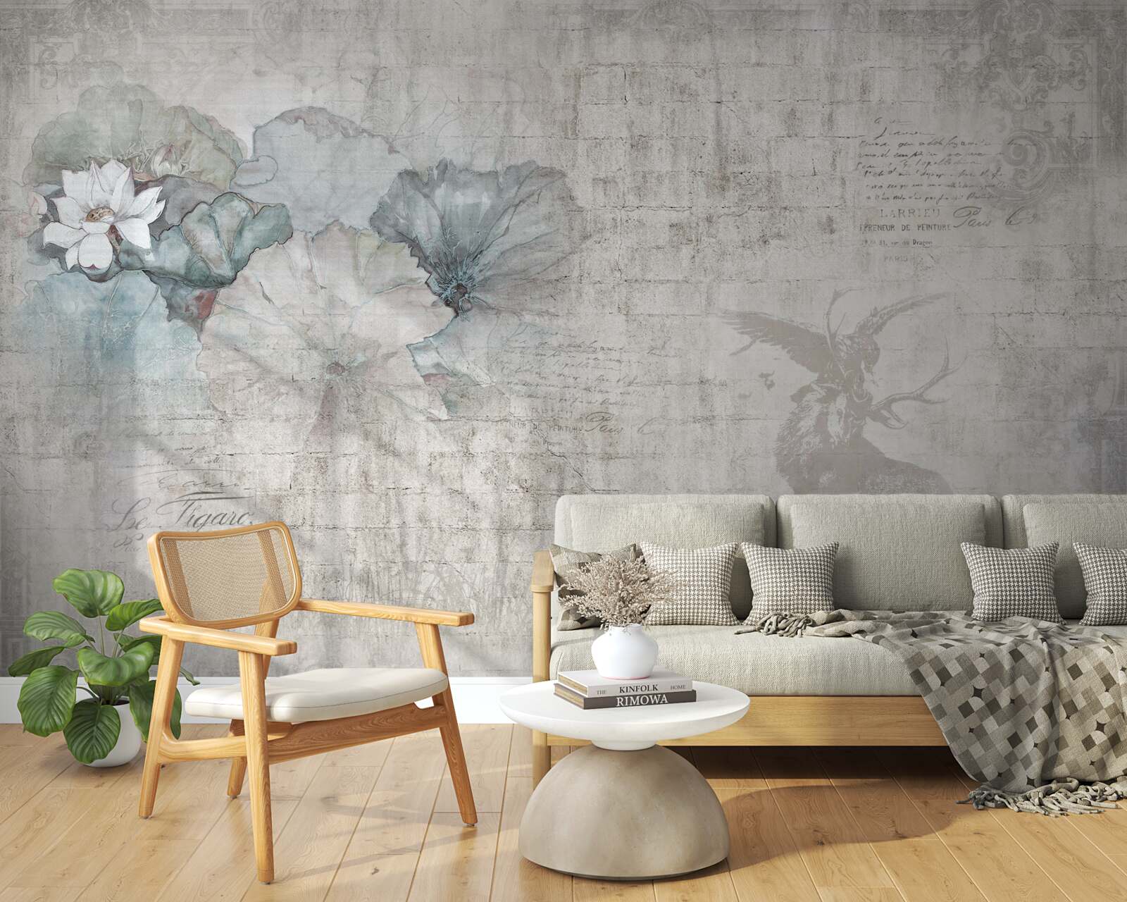 Fototapeta akwarela przedstawiająca jelenia i niebieskie kwiaty