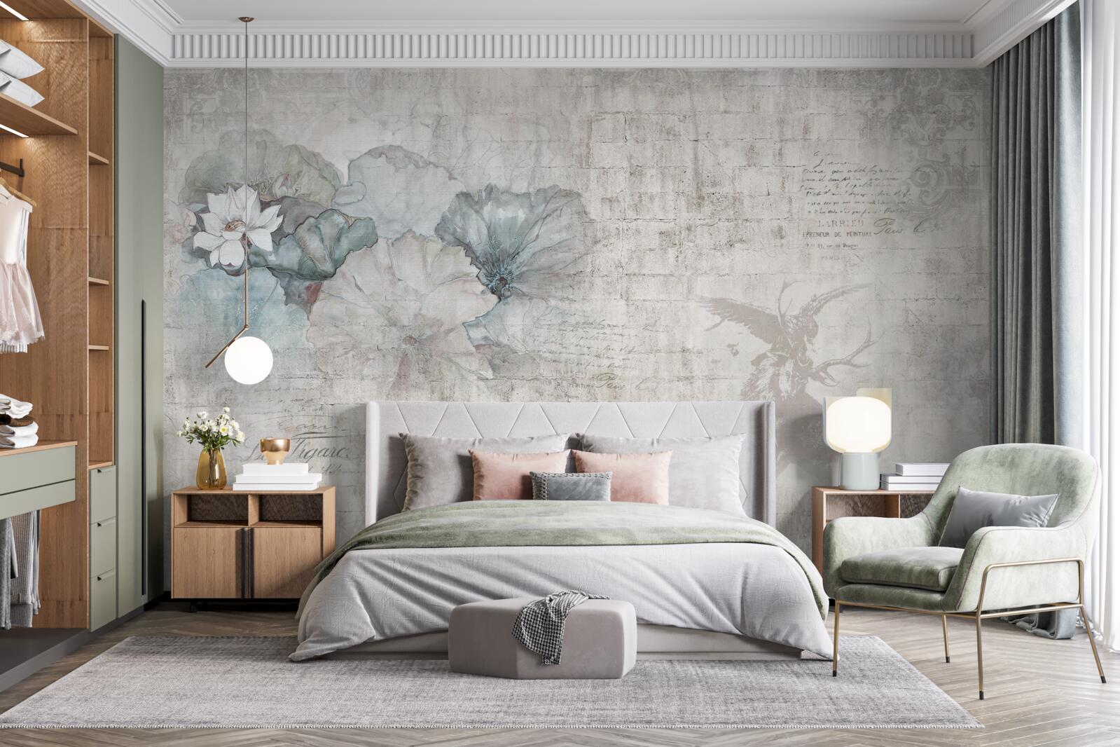 Fototapeta akwarela przedstawiająca jelenia i niebieskie kwiaty