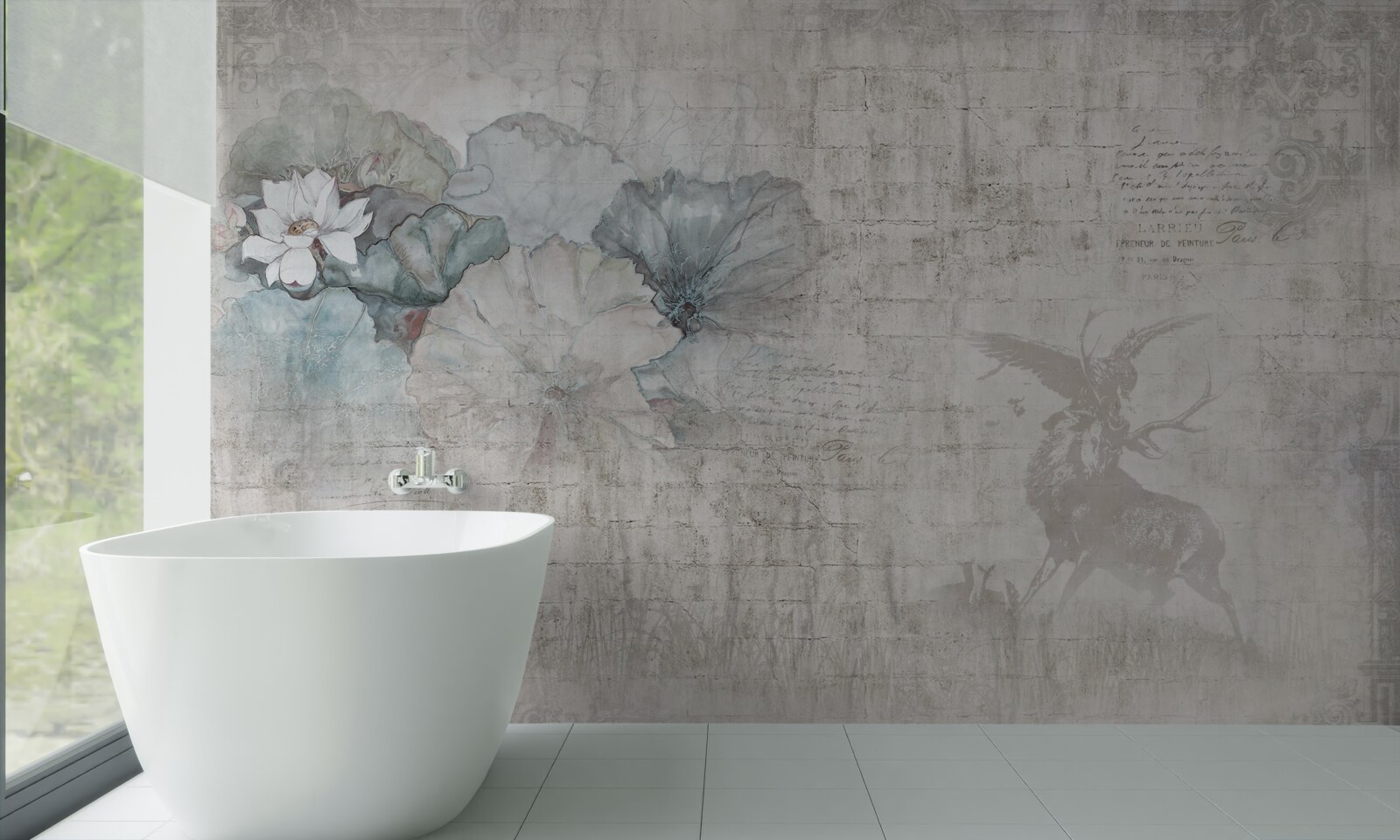 Fototapeta akwarela przedstawiająca jelenia i niebieskie kwiaty