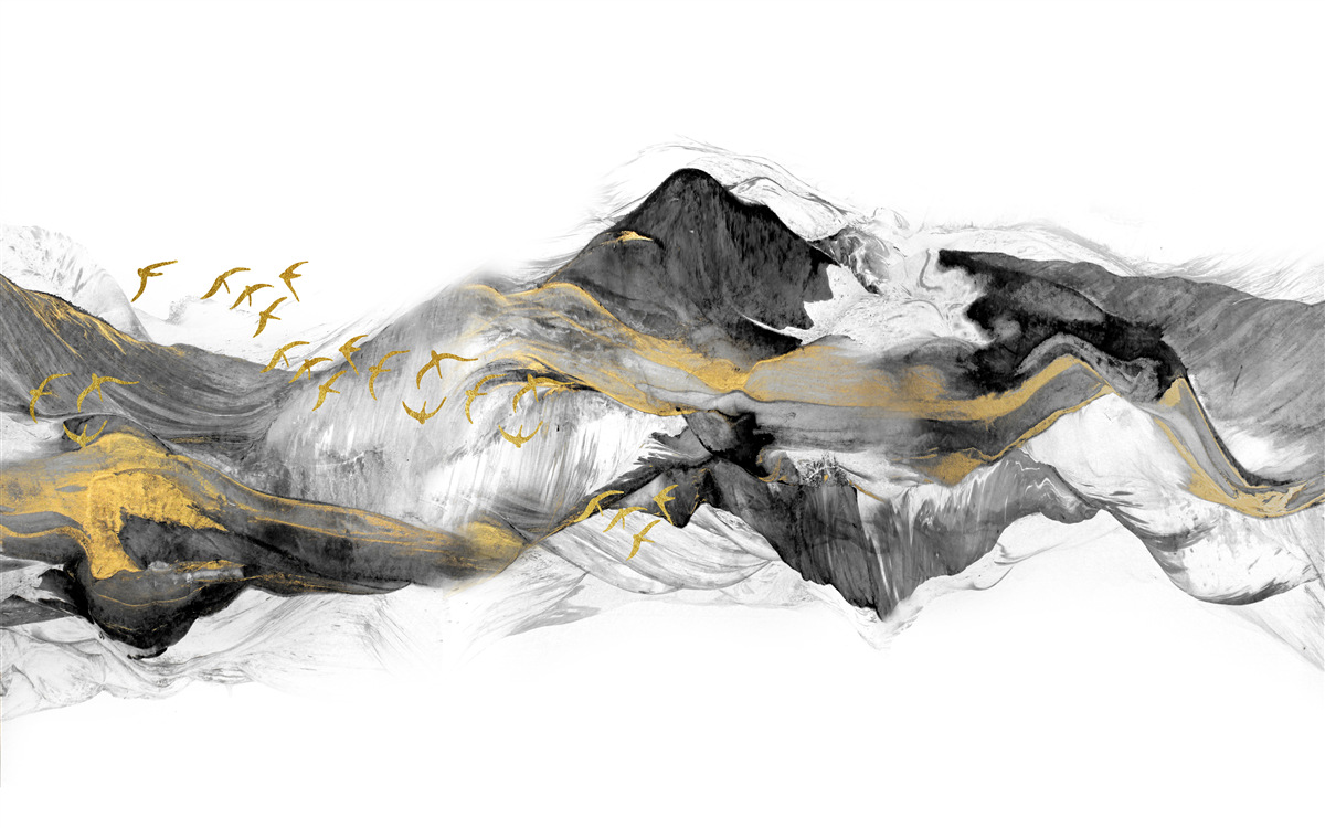 Fototapeta abstrakcyjny obraz ptaków i gór na białym tle