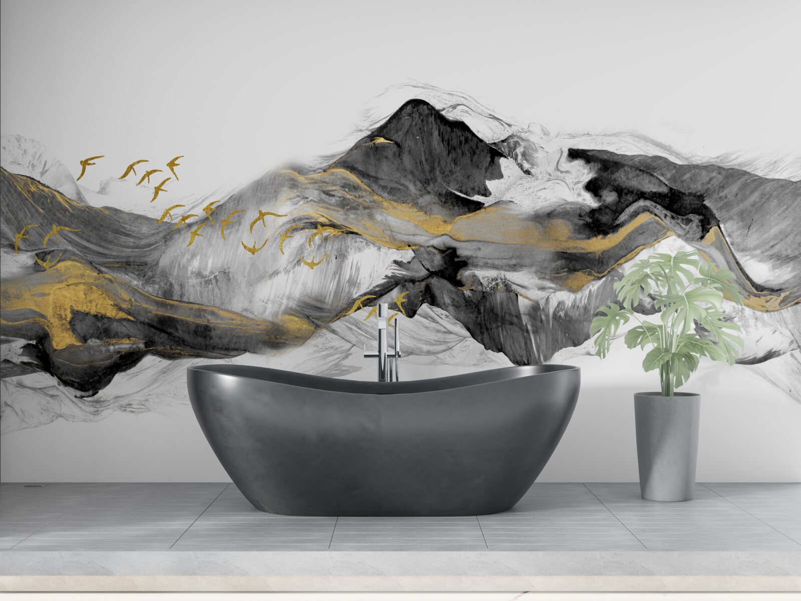 Fototapeta abstrakcyjny obraz ptaków i gór na białym tle