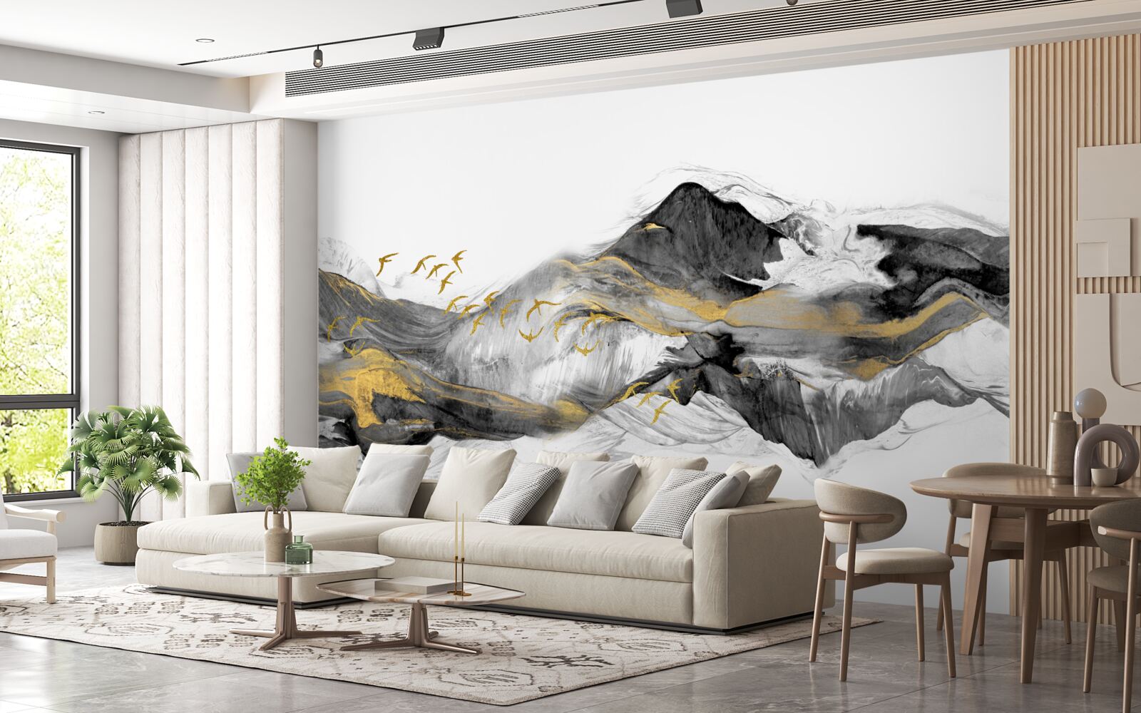 Fototapeta abstrakcyjny obraz ptaków i gór na białym tle