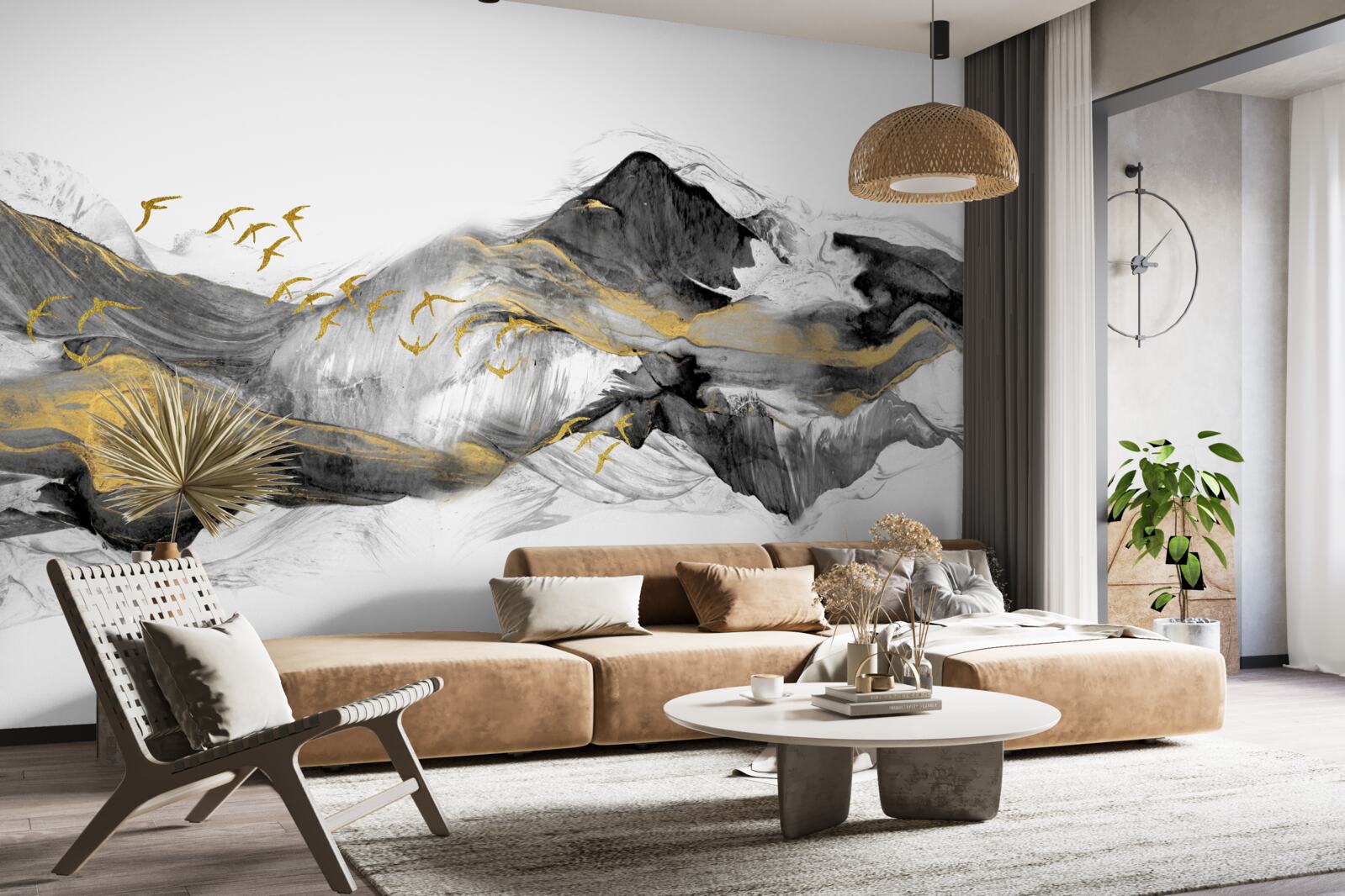 Fototapeta abstrakcyjny obraz ptaków i gór na białym tle