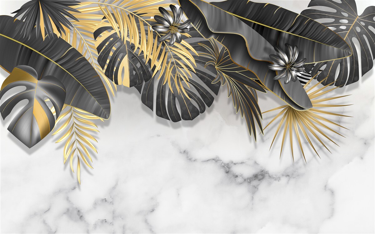 Fototapeta tropikalna dżungla rozprzestrzenia czarne i złote odcienie liści