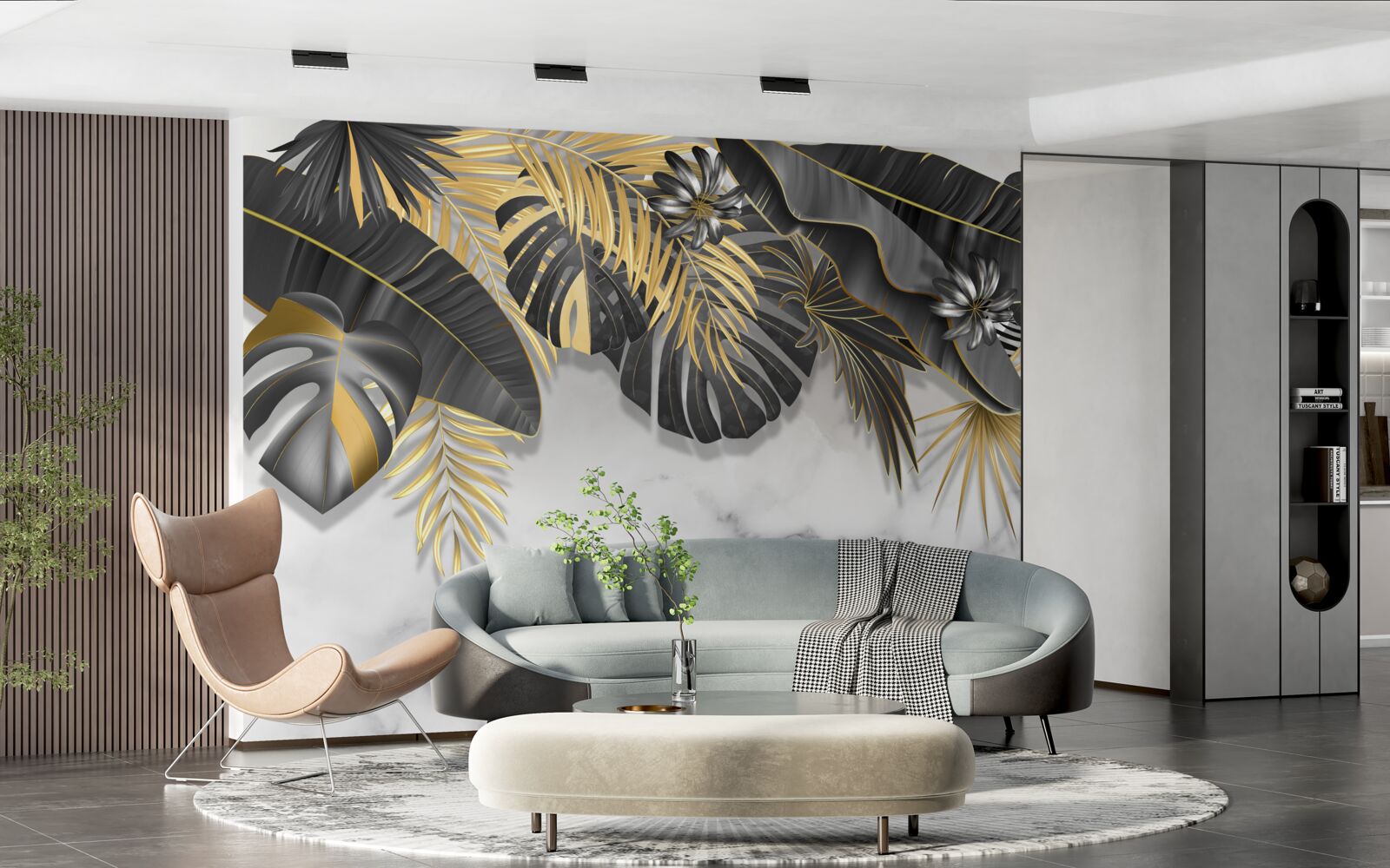 Fototapeta tropikalna dżungla rozprzestrzenia czarne i złote odcienie liści