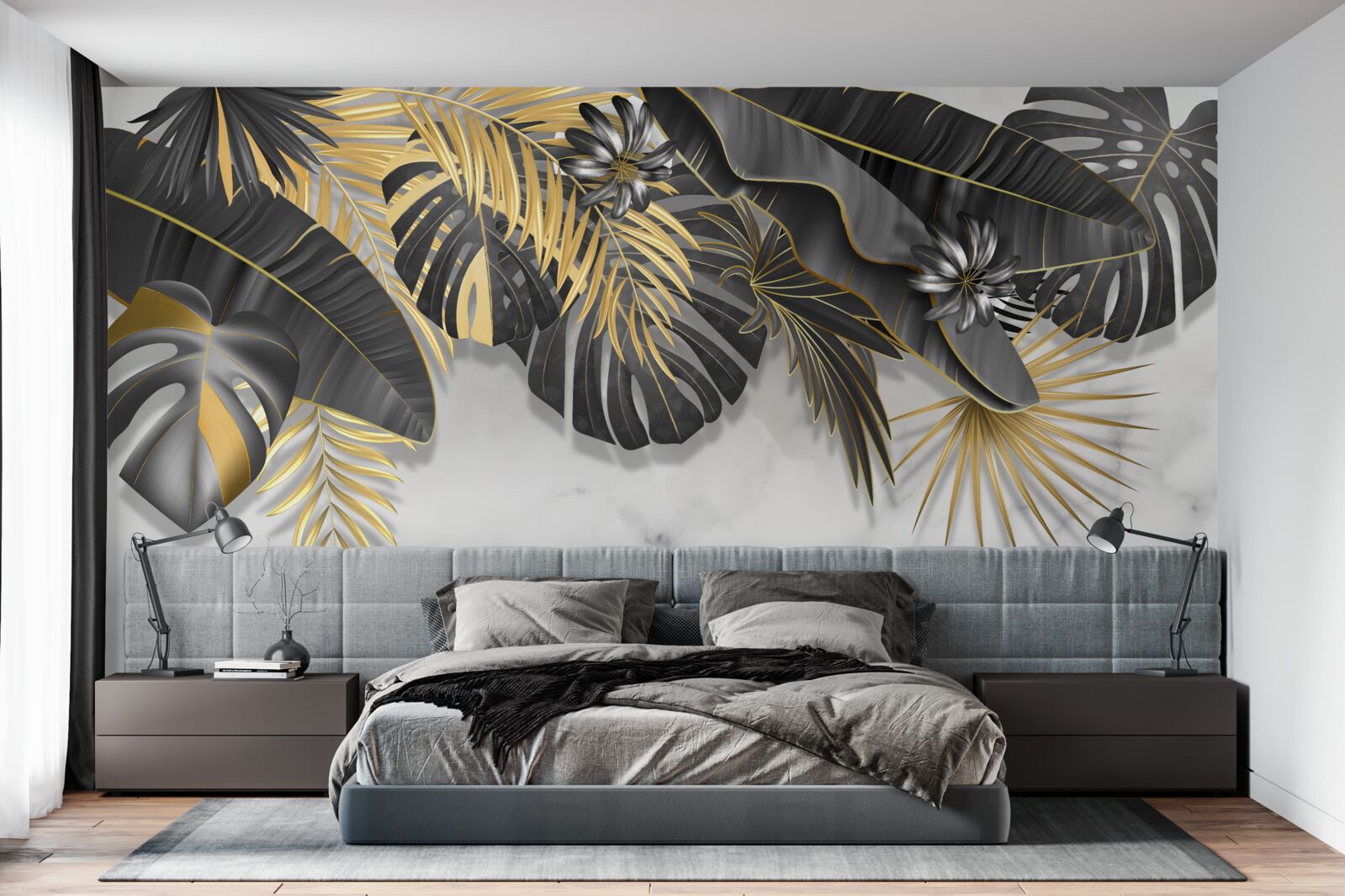 Fototapeta tropikalna dżungla rozprzestrzenia czarne i złote odcienie liści