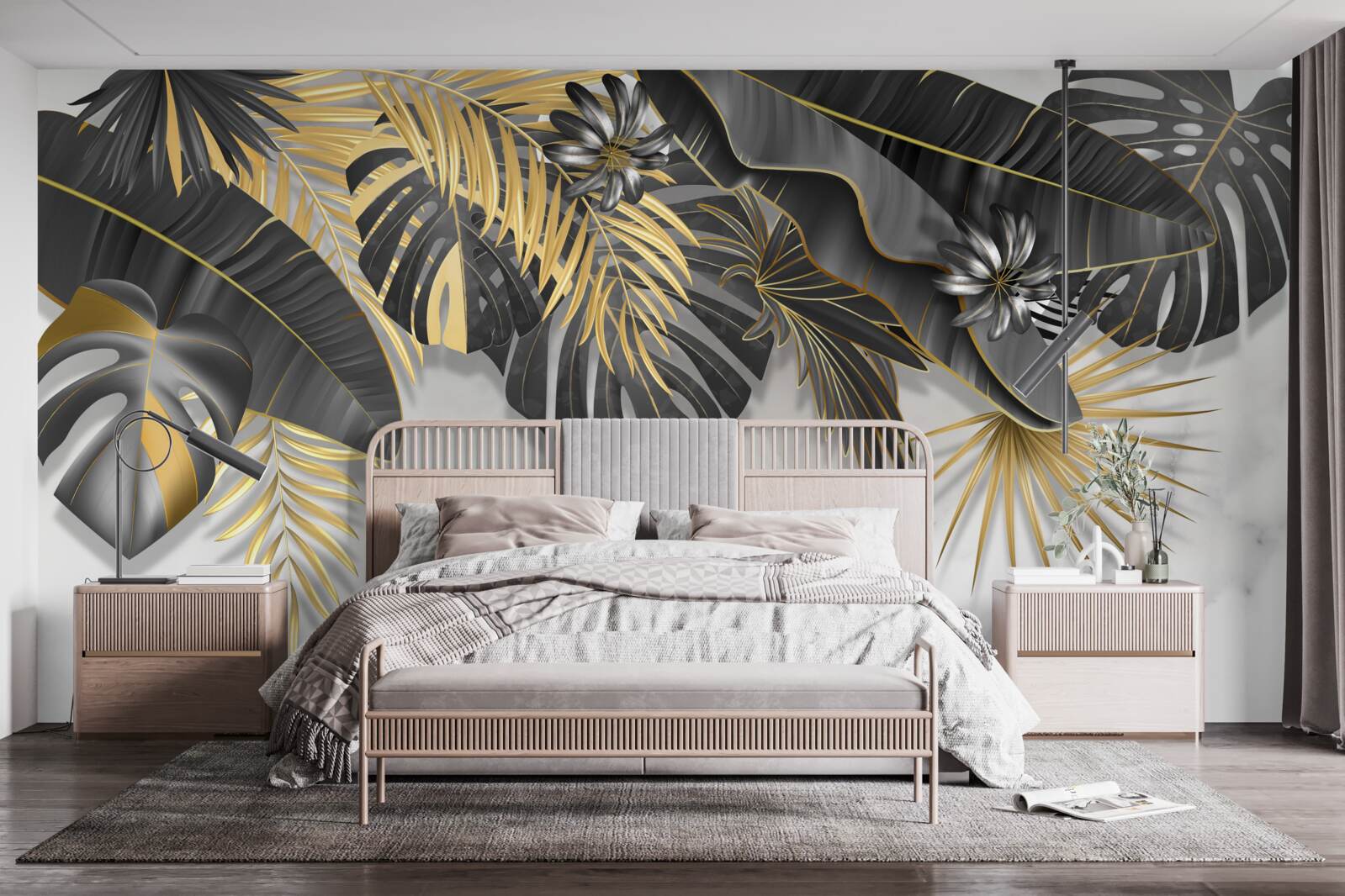Fototapeta tropikalna dżungla rozprzestrzenia czarne i złote odcienie liści