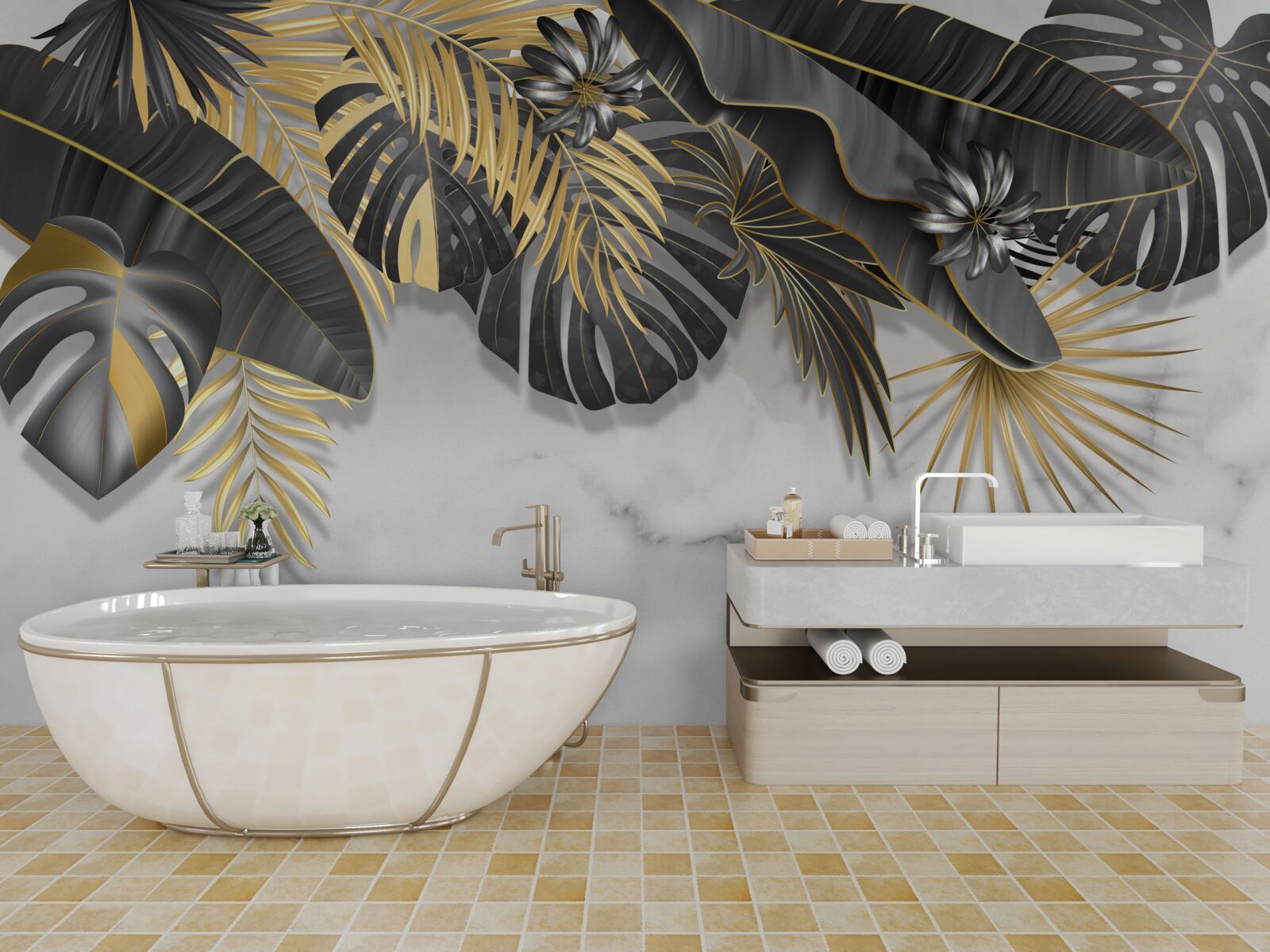 Fototapeta tropikalna dżungla rozprzestrzenia czarne i złote odcienie liści