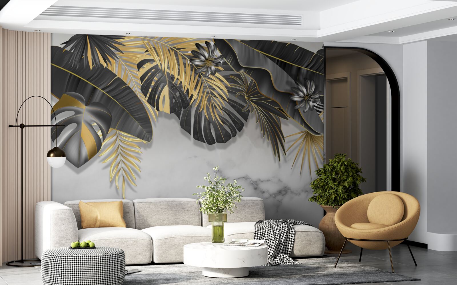 Fototapeta tropikalna dżungla rozprzestrzenia czarne i złote odcienie liści