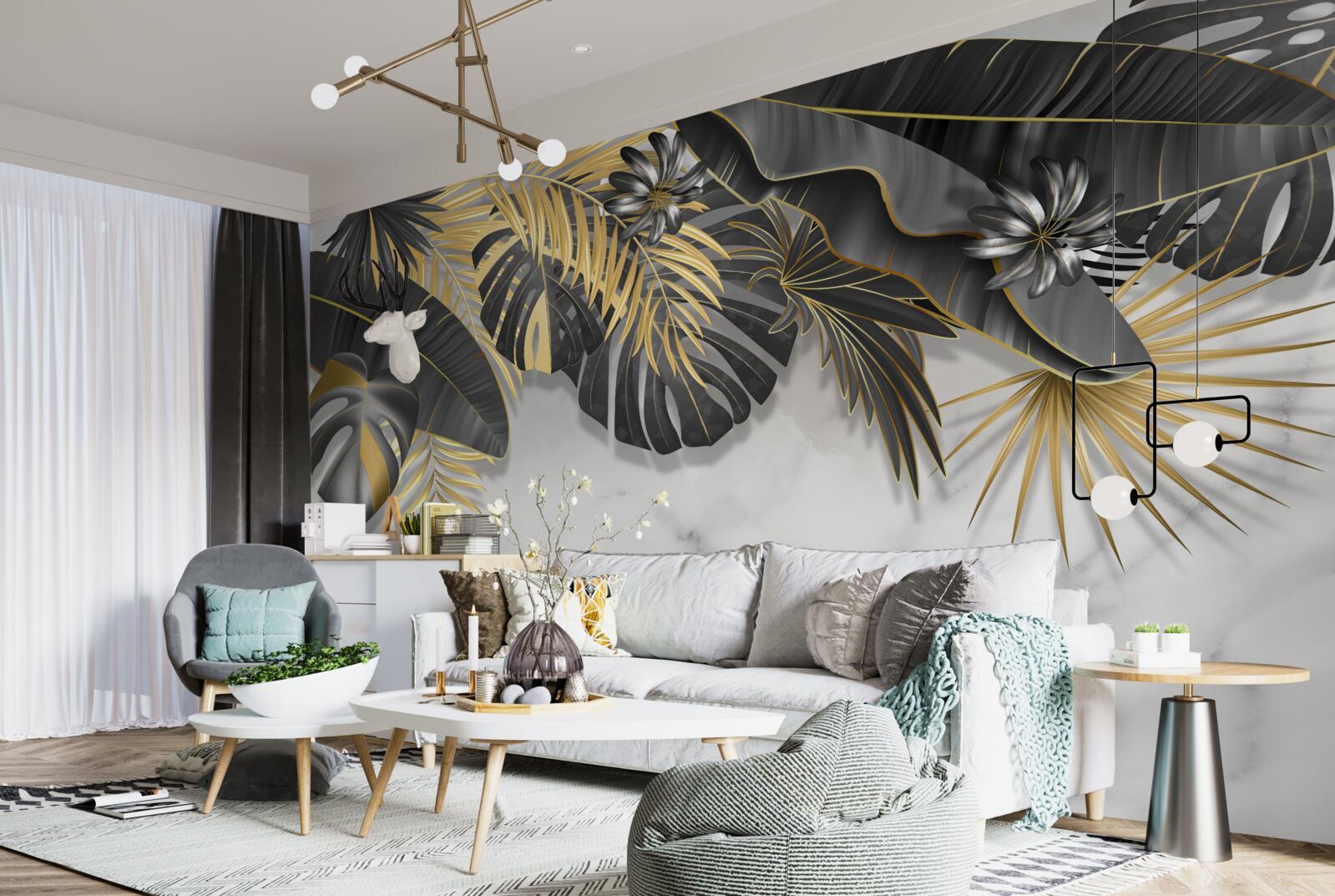 Fototapeta tropikalna dżungla rozprzestrzenia czarne i złote odcienie liści