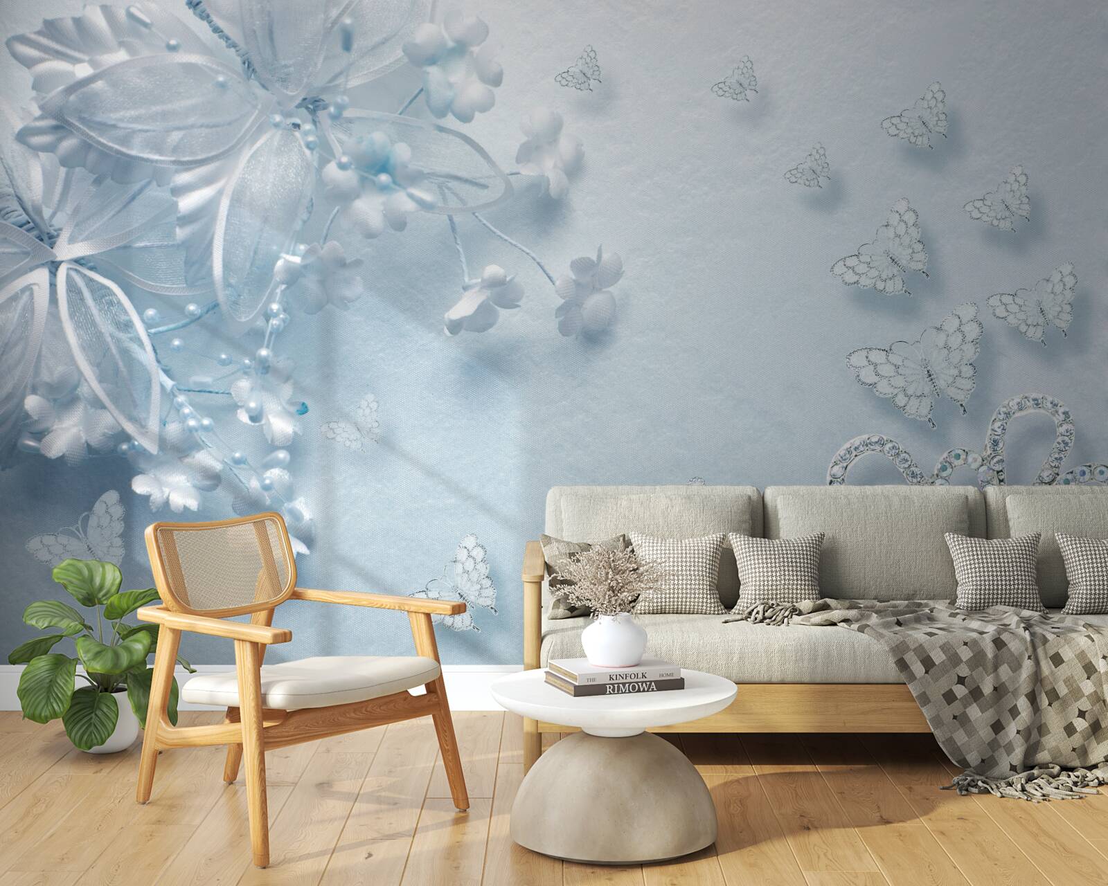 Fototapeta pąki kwitnące pod unoszącymi się w powietrzu motylami