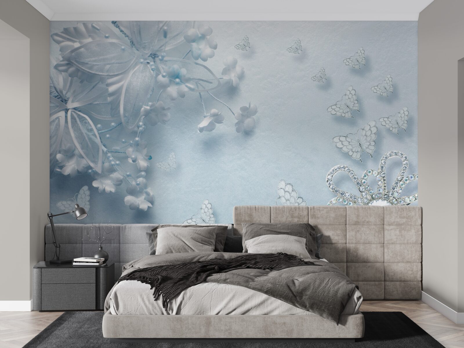 Fototapeta pąki kwitnące pod unoszącymi się w powietrzu motylami