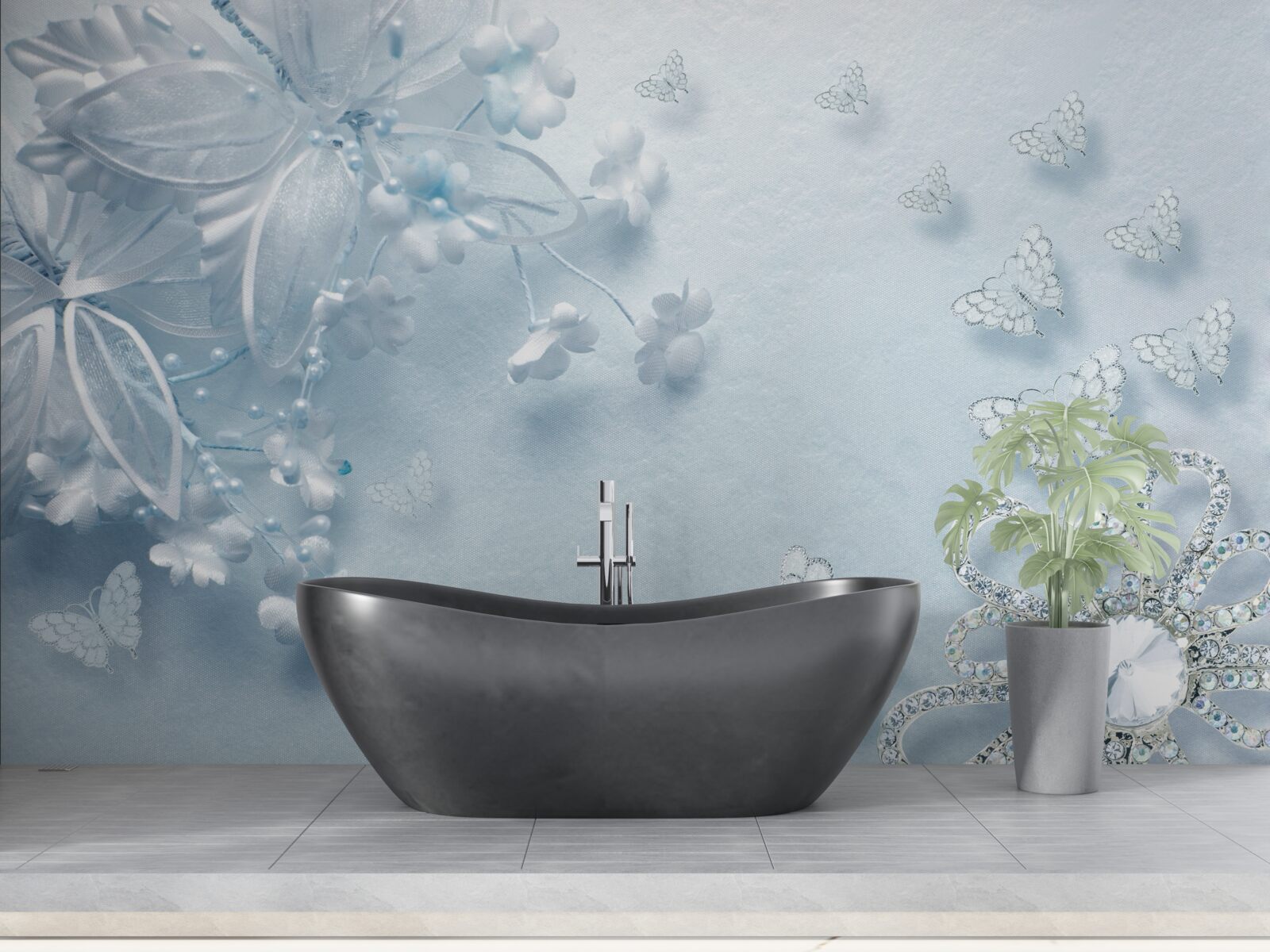 Fototapeta pąki kwitnące pod unoszącymi się w powietrzu motylami