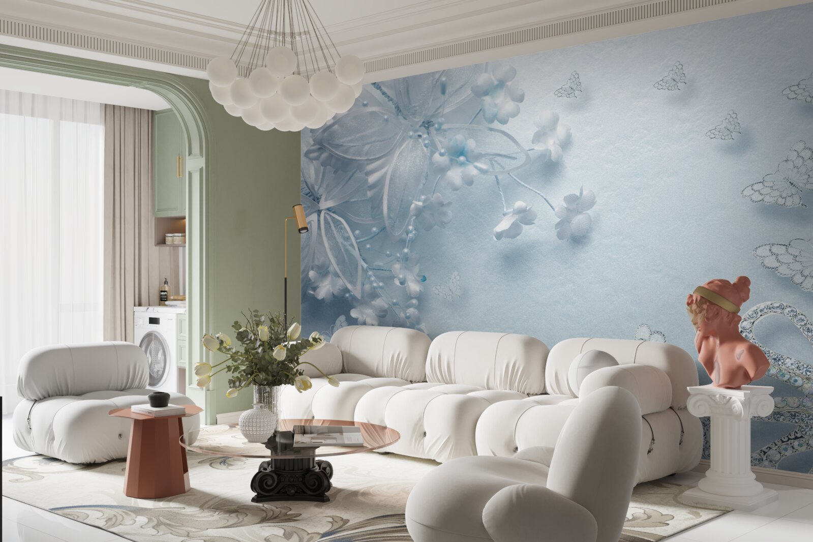 Fototapeta pąki kwitnące pod unoszącymi się w powietrzu motylami