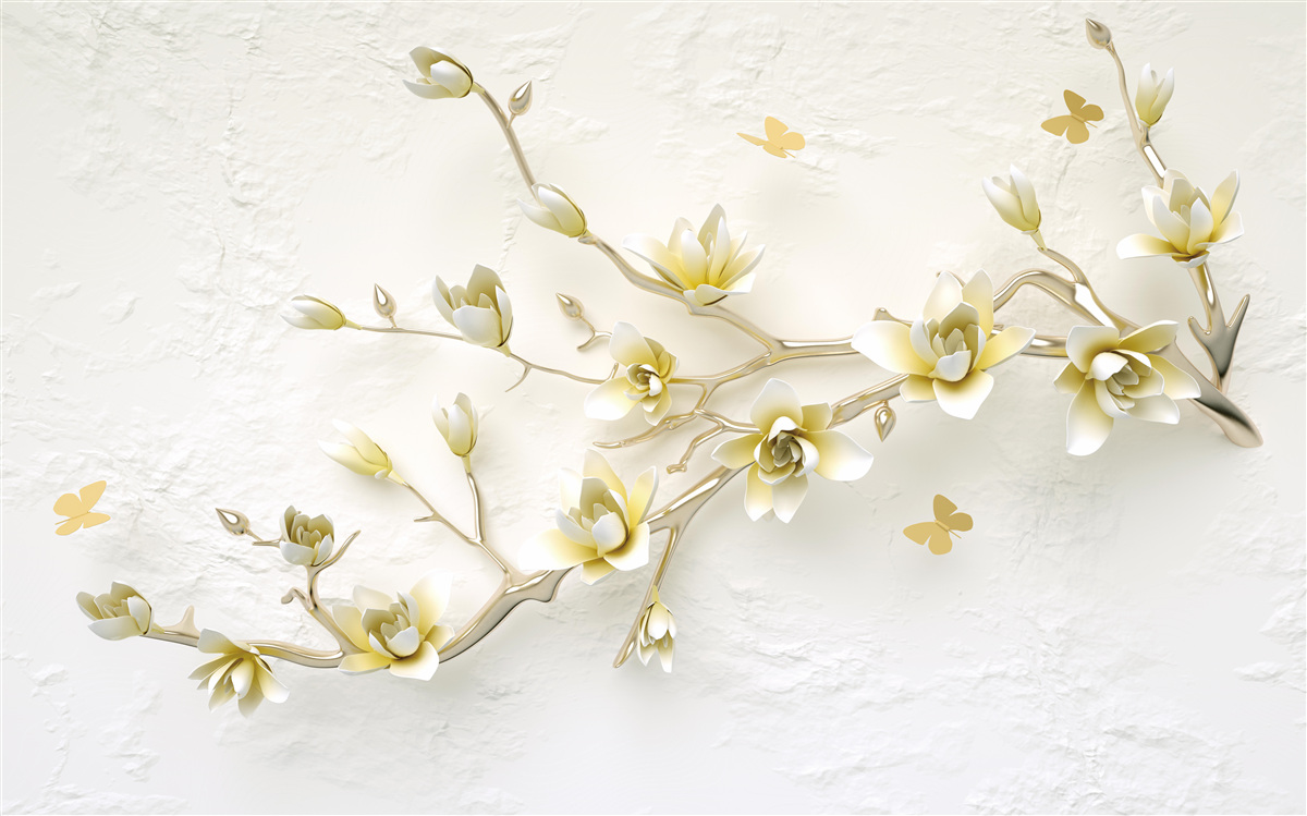 Fototapeta samotna gałąź pokryta kwiatami i motylami