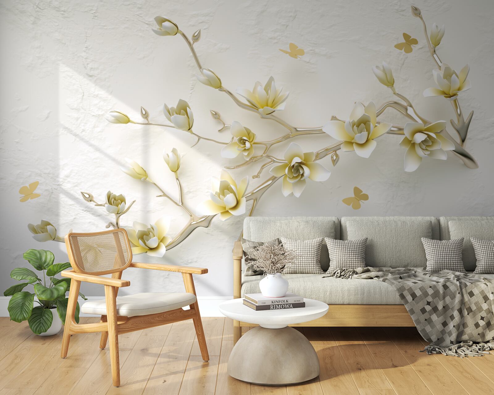 Fototapeta samotna gałąź pokryta kwiatami i motylami