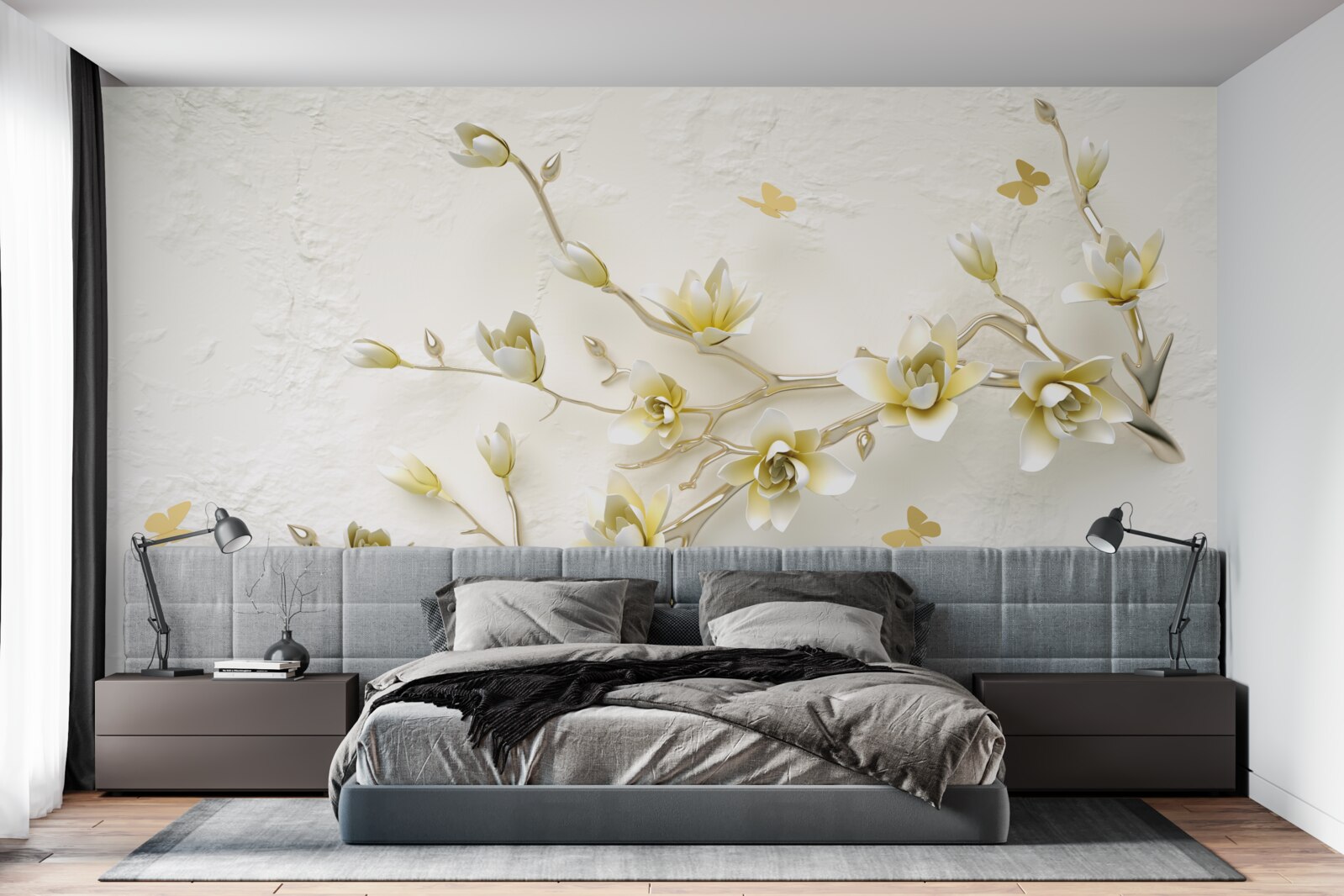 Fototapeta samotna gałąź pokryta kwiatami i motylami