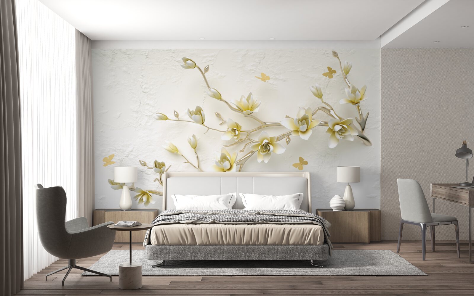 Fototapeta samotna gałąź pokryta kwiatami i motylami