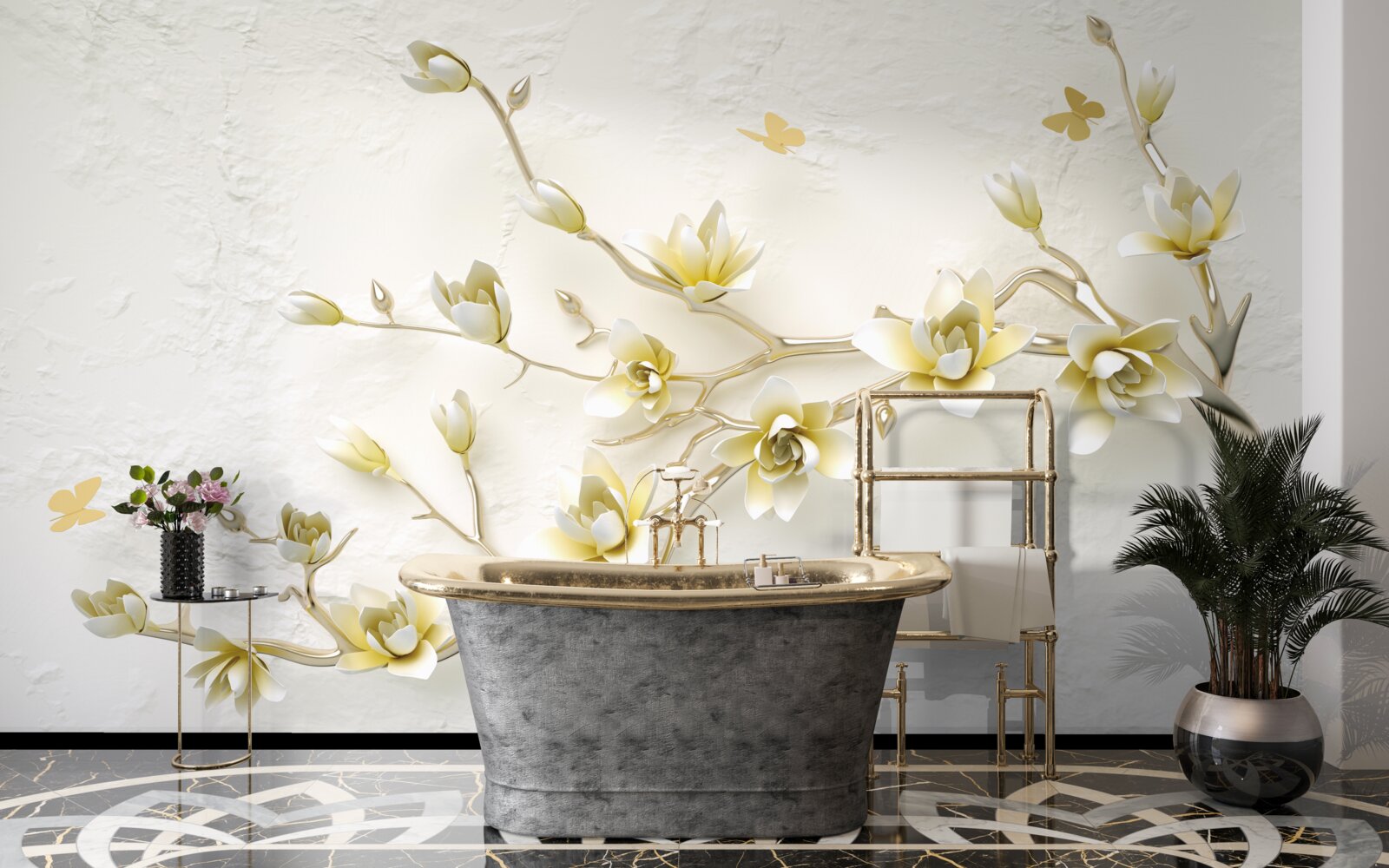 Fototapeta samotna gałąź pokryta kwiatami i motylami