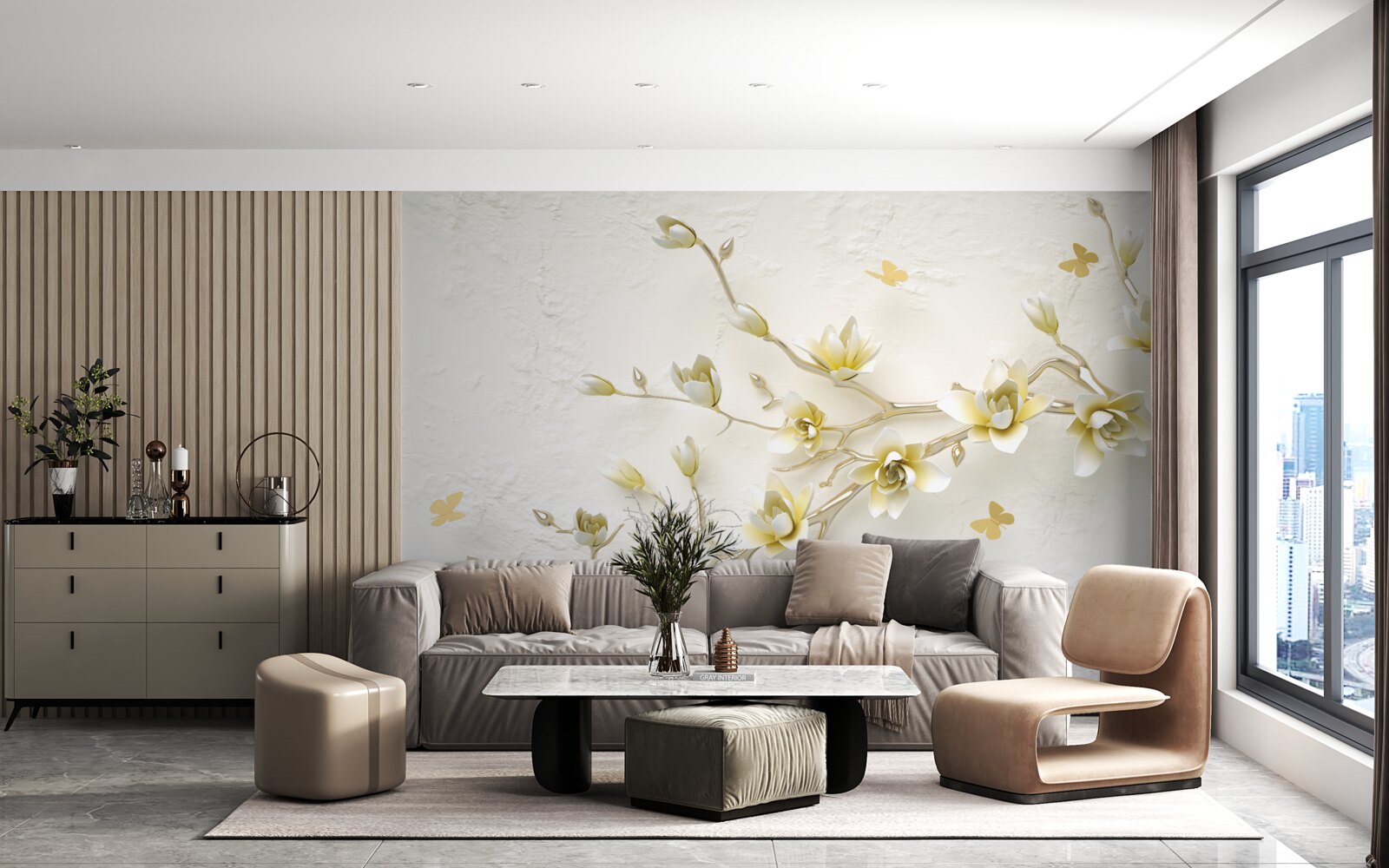 Fototapeta samotna gałąź pokryta kwiatami i motylami