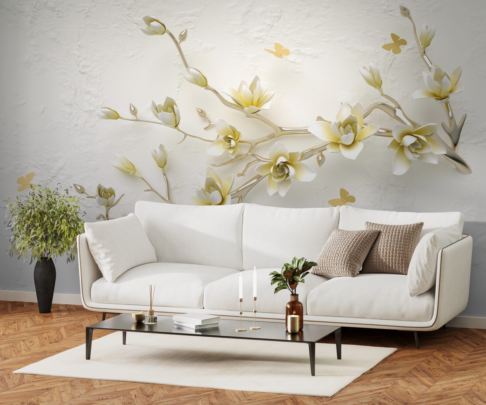 Fototapeta samotna gałąź pokryta kwiatami i motylami