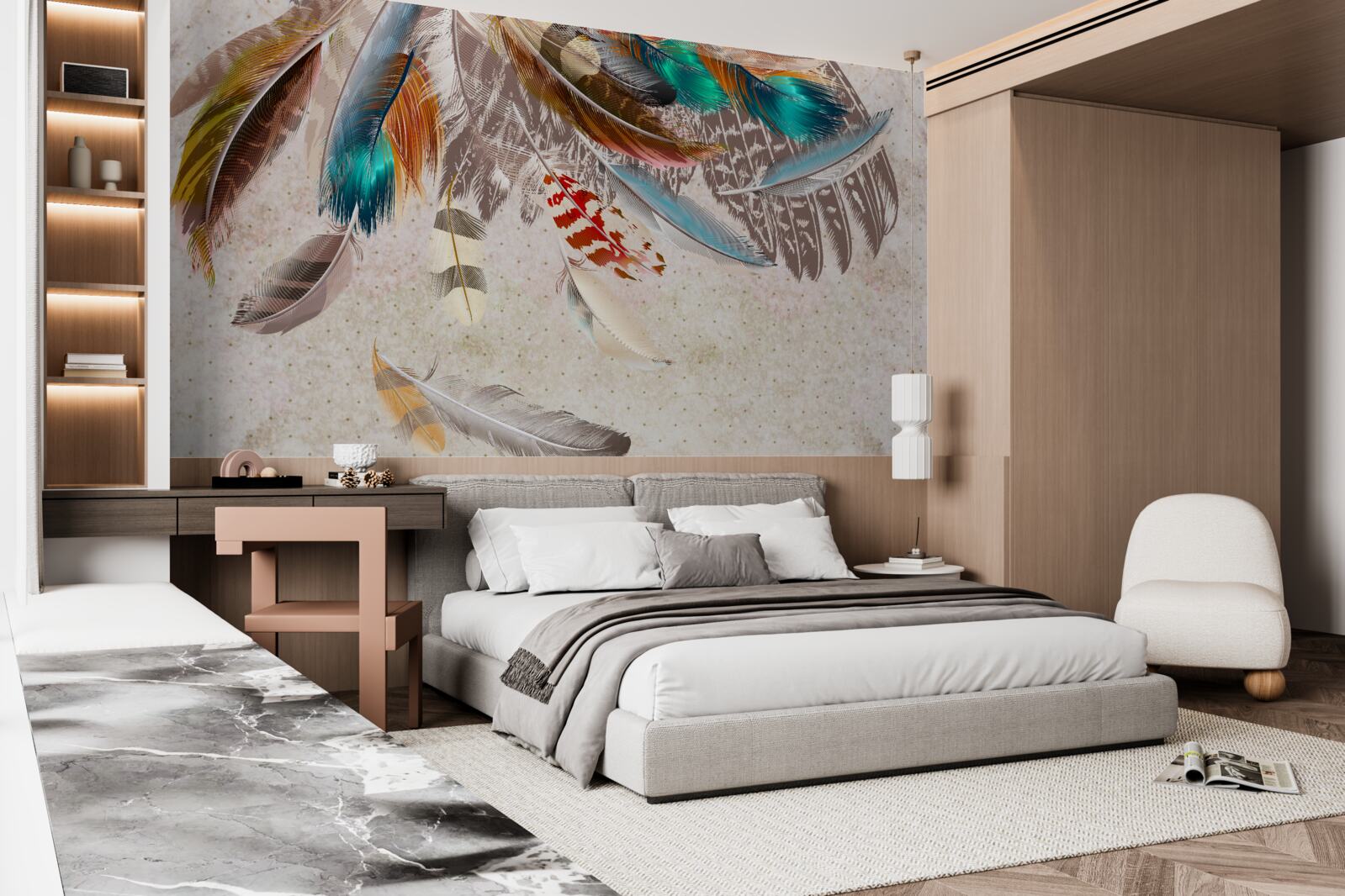 Fototapeta spadające wielokolorowe pióra