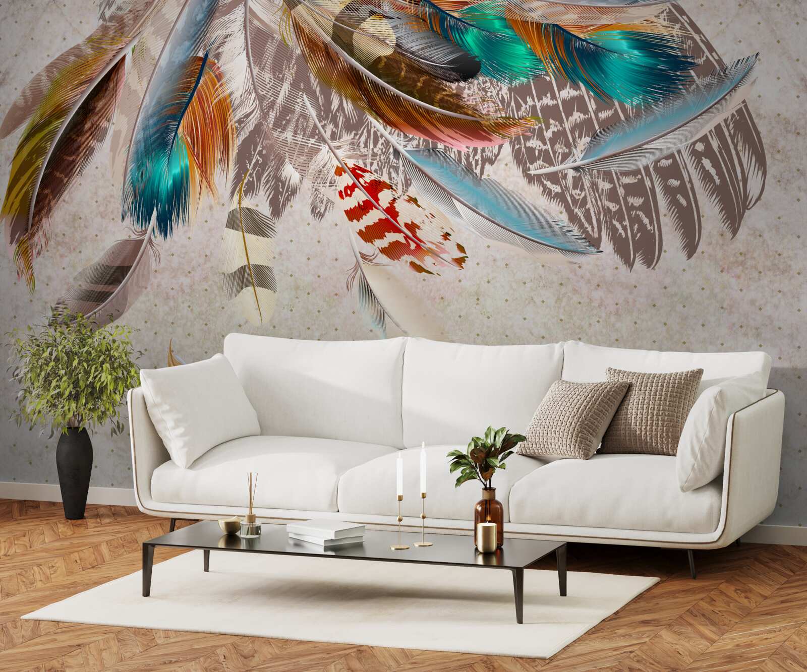 Fototapeta spadające wielokolorowe pióra