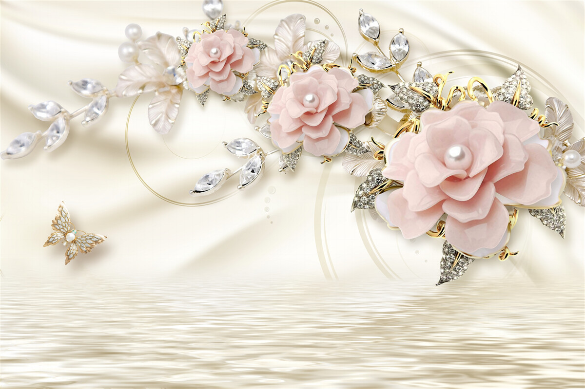 Fototapeta nad wodą wisi gałązka z różowymi kwiatami, ozdobiona perłami