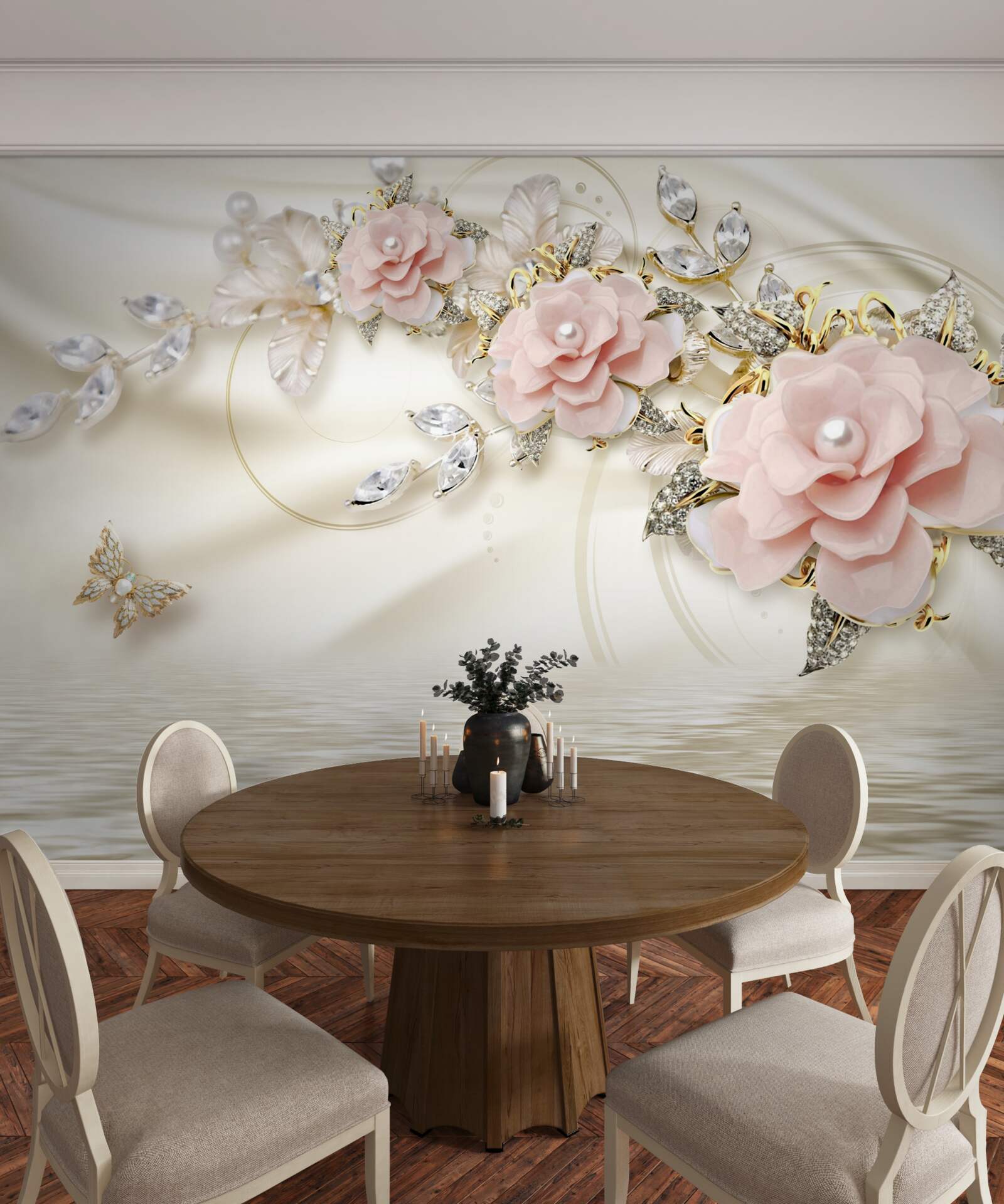 Fototapeta nad wodą wisi gałązka z różowymi kwiatami, ozdobiona perłami