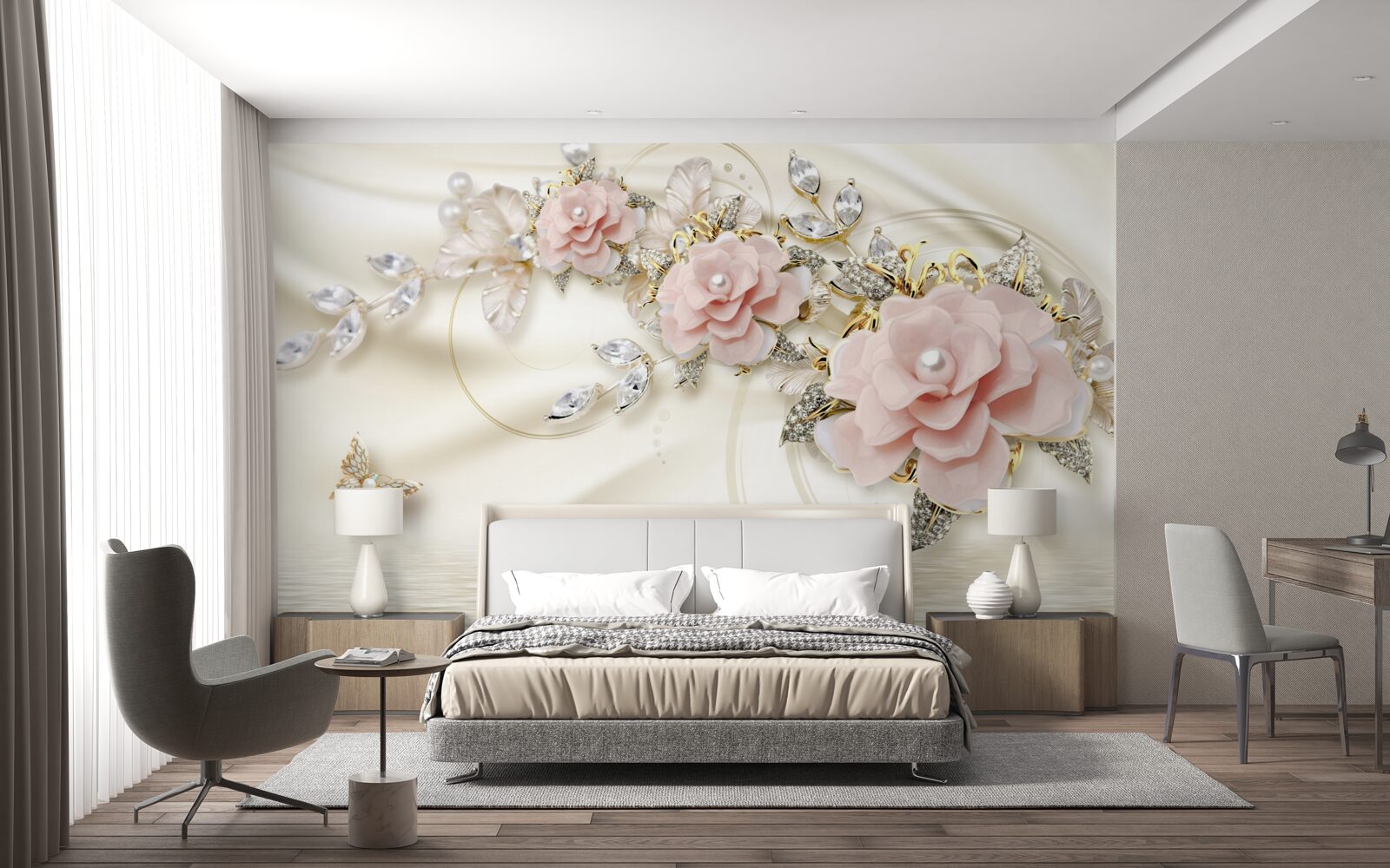 Fototapeta nad wodą wisi gałązka z różowymi kwiatami, ozdobiona perłami