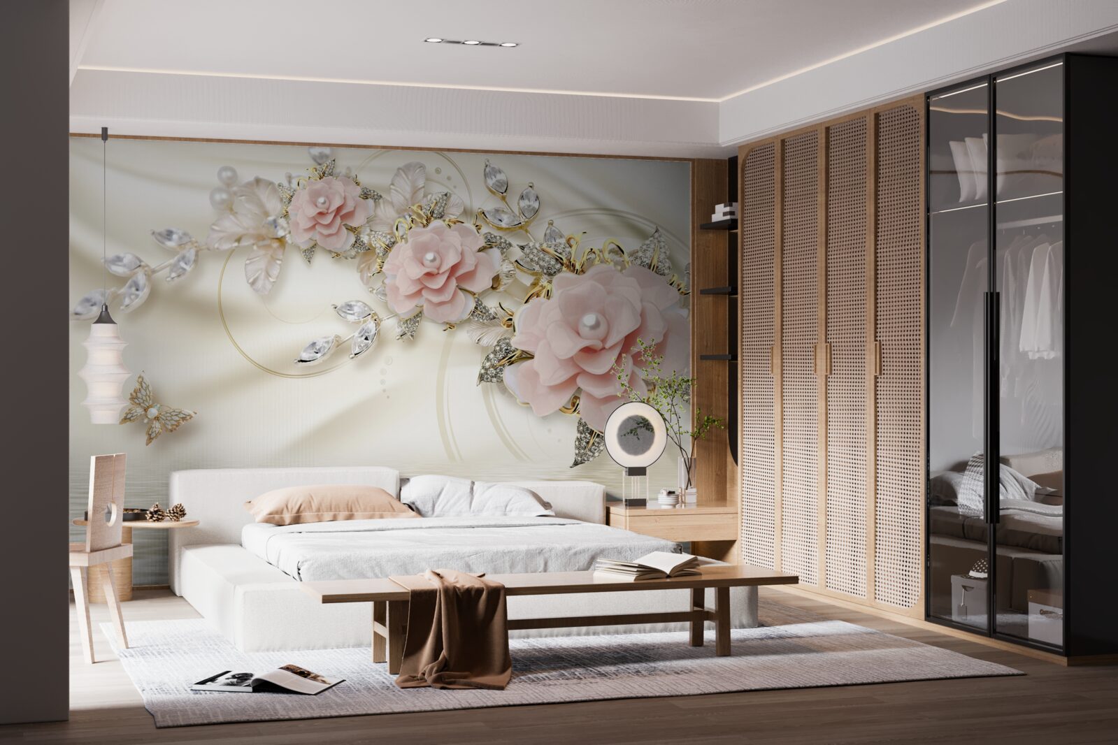 Fototapeta nad wodą wisi gałązka z różowymi kwiatami, ozdobiona perłami