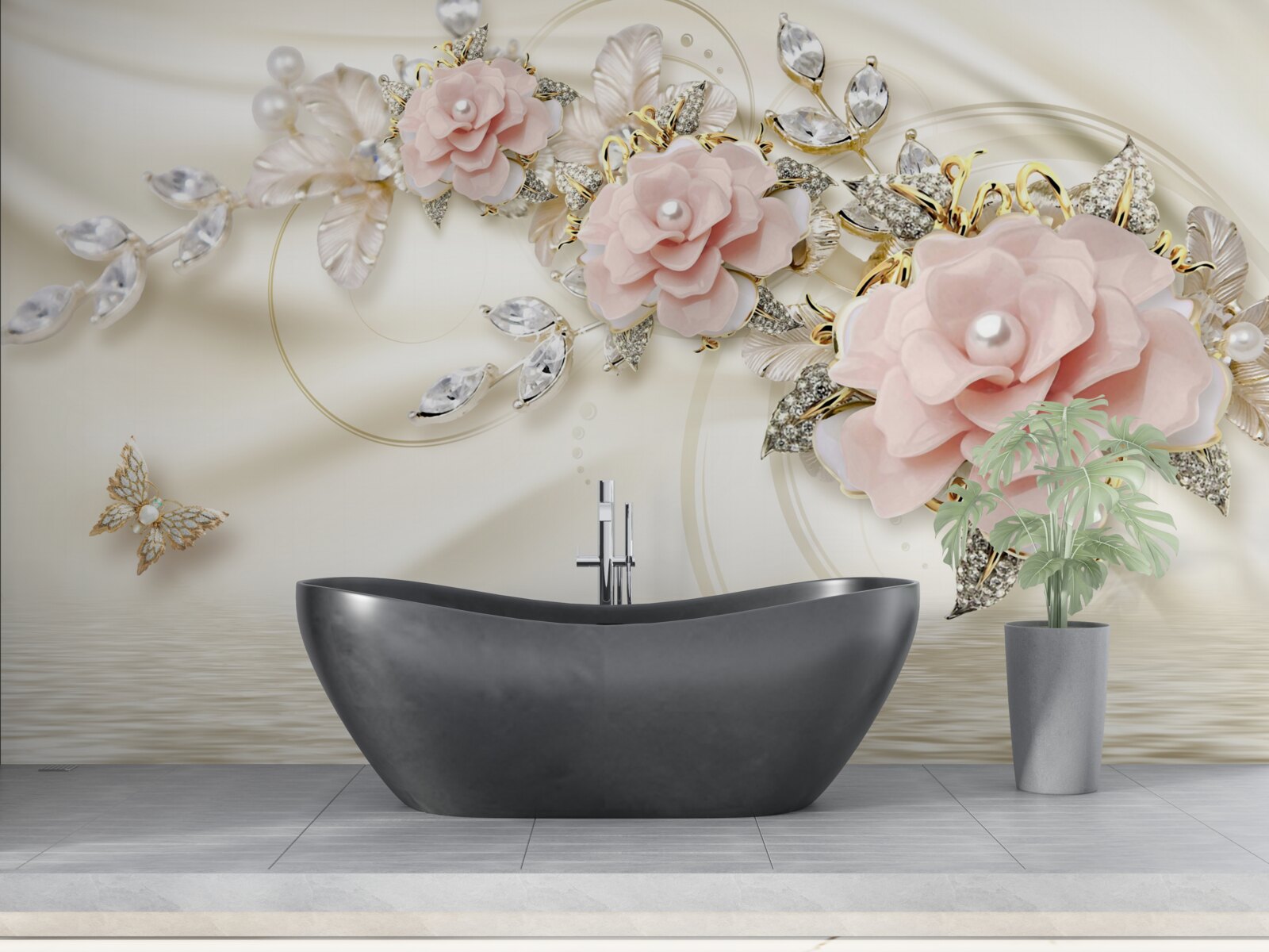 Fototapeta nad wodą wisi gałązka z różowymi kwiatami, ozdobiona perłami